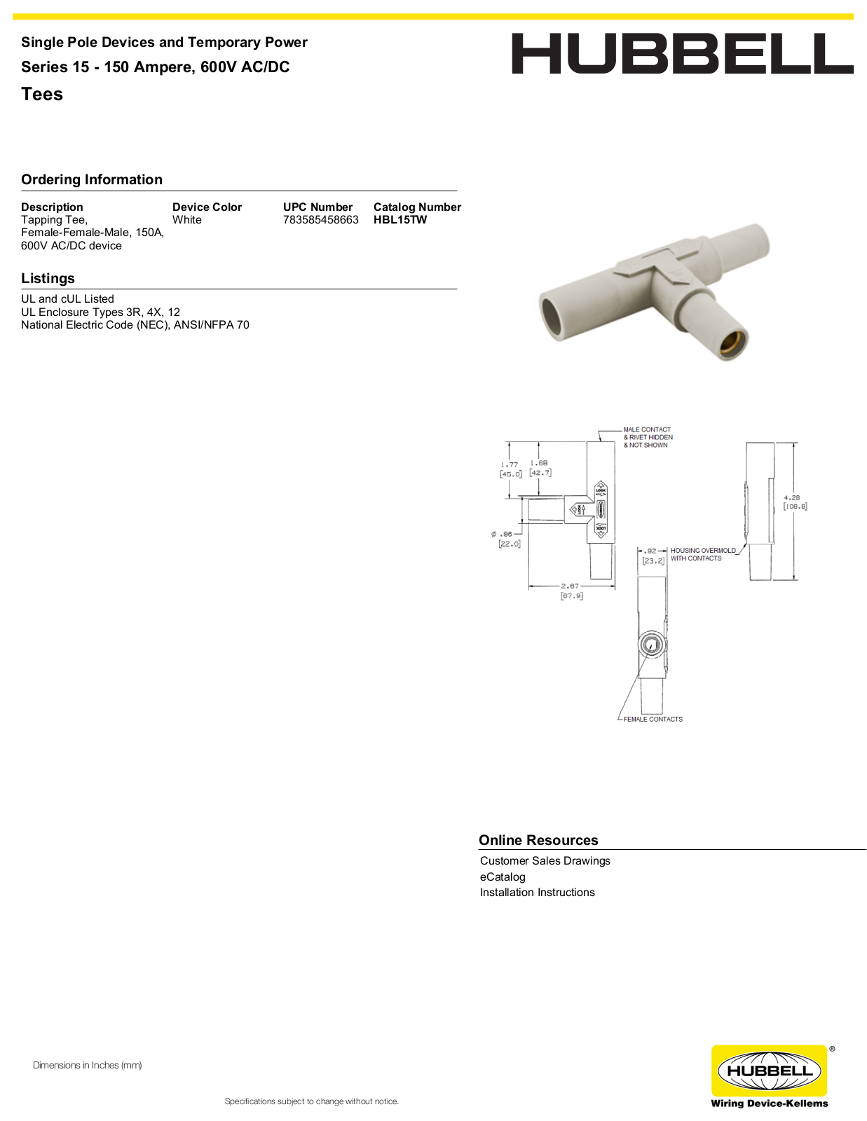 Hubbell HBL15TW Specifications