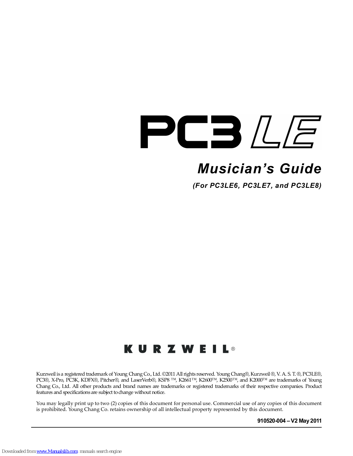 Kurzweil PC3LE, PC3LE6, PC3LE7, PC3LE8 Musician's Manual