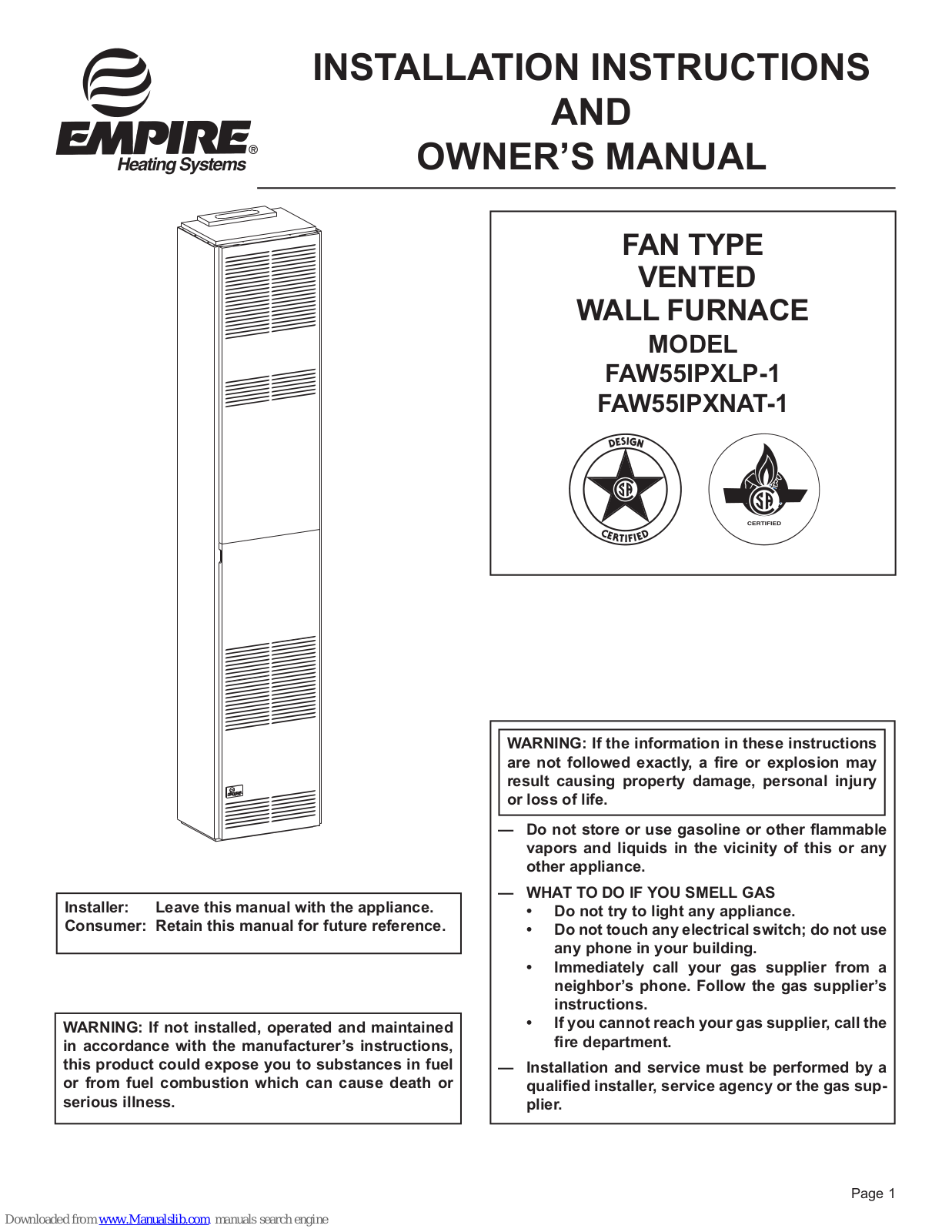 Empire FAW55IPXLP-1, FAW55IPXNAT-1 Installation Instructions And Owner's Manual