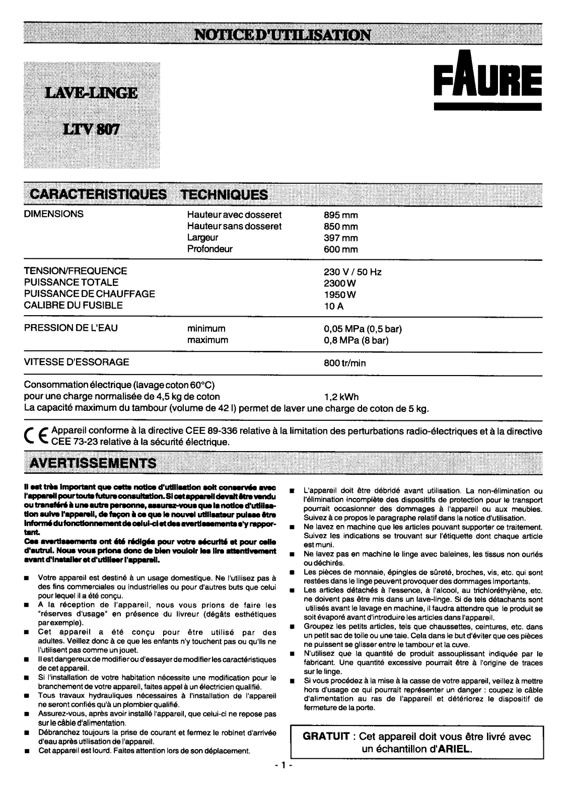 Faure LTV807 User Manual