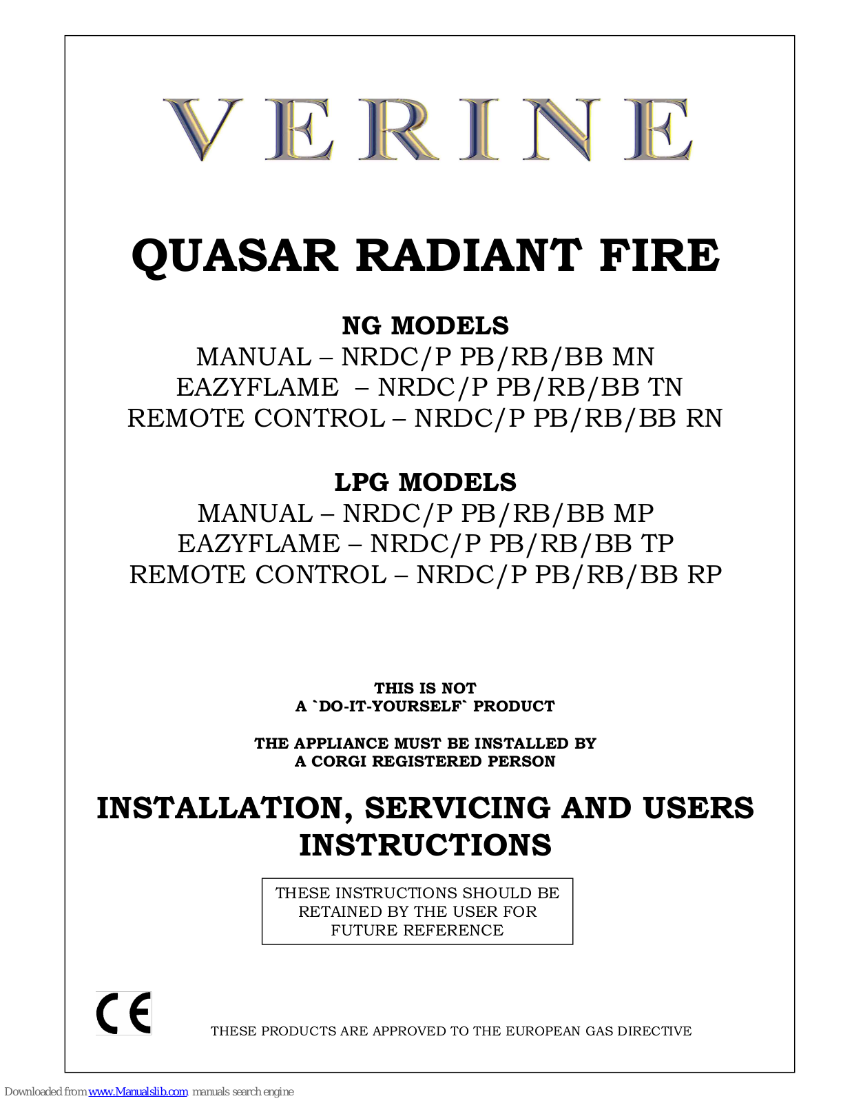 Verine LPG series, NG series Installation, Servicing And User Instructions Manual