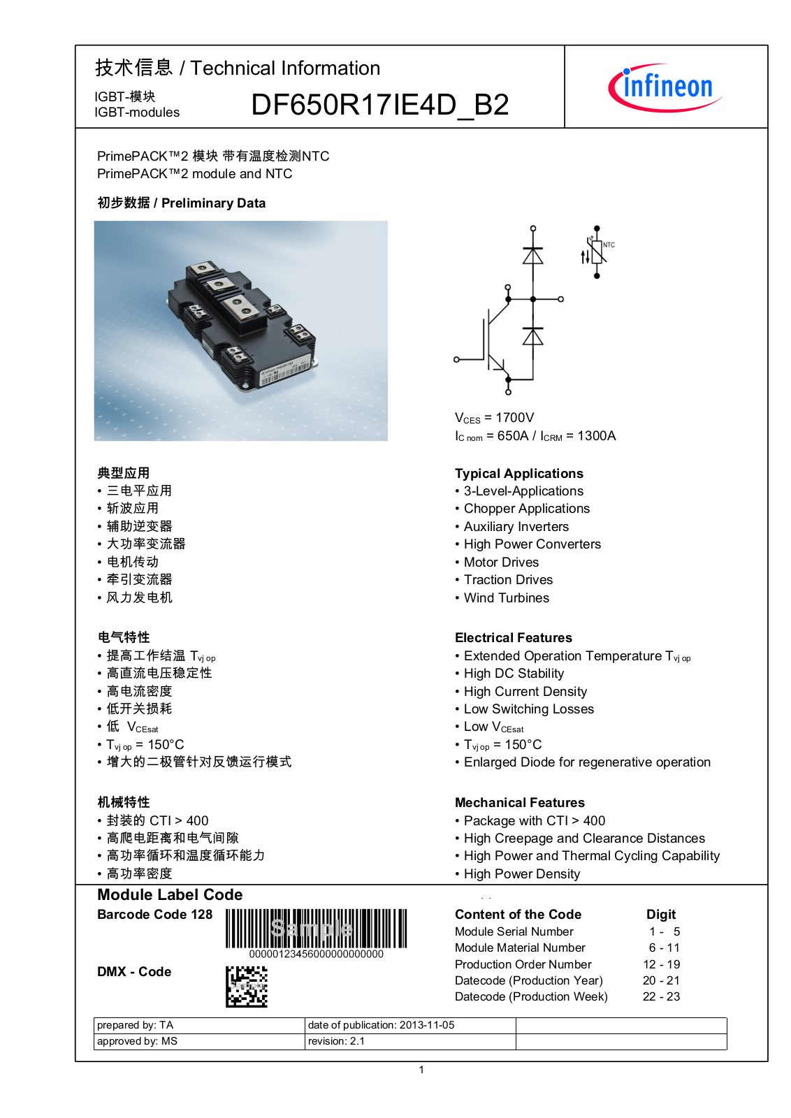 Infineon DF650R17IE4D_B2 Data Sheet