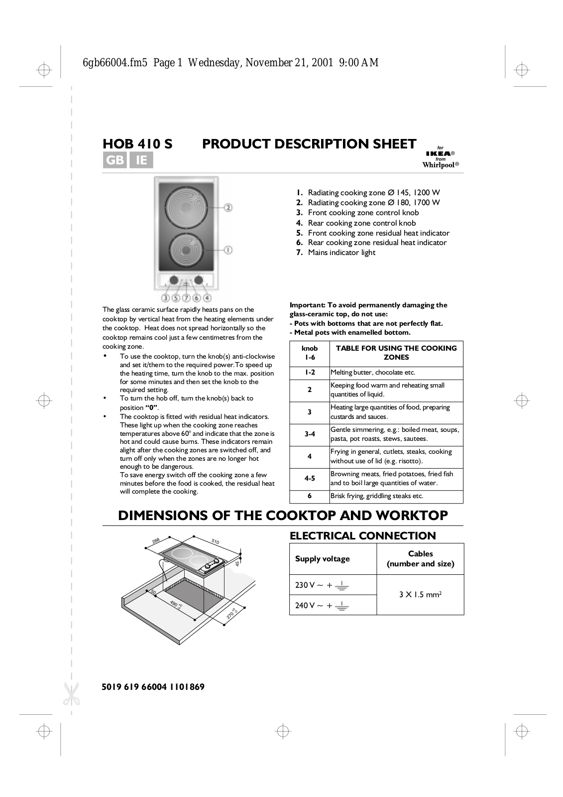 Whirlpool HOB 410 S INSTRUCTION FOR USE