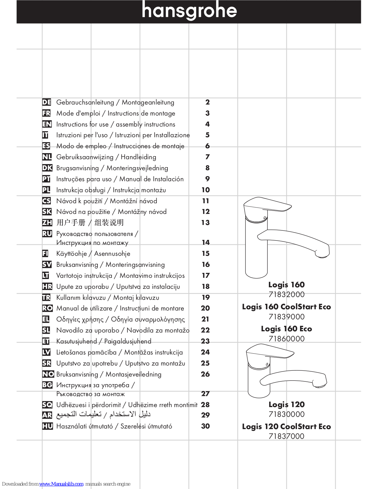 Hansgrohe 71832000, 71839000, 71860000, 71830000, 71837000 Instructions For Use/assembly Instructions