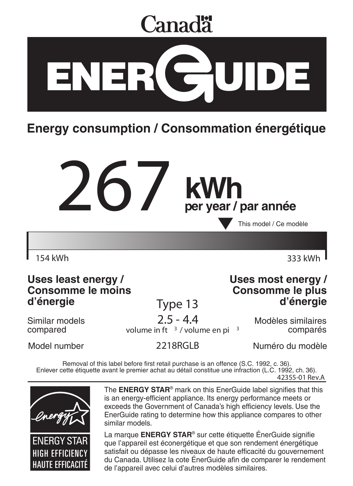 U-line U2218RGLINT00B Energy Guide