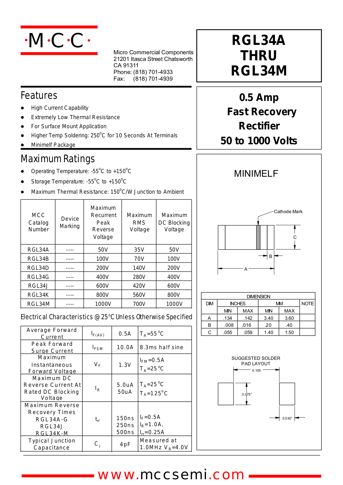 MCC RGL34A, RGL34B, RGL34D, RGL34G, RGL34J Datasheet