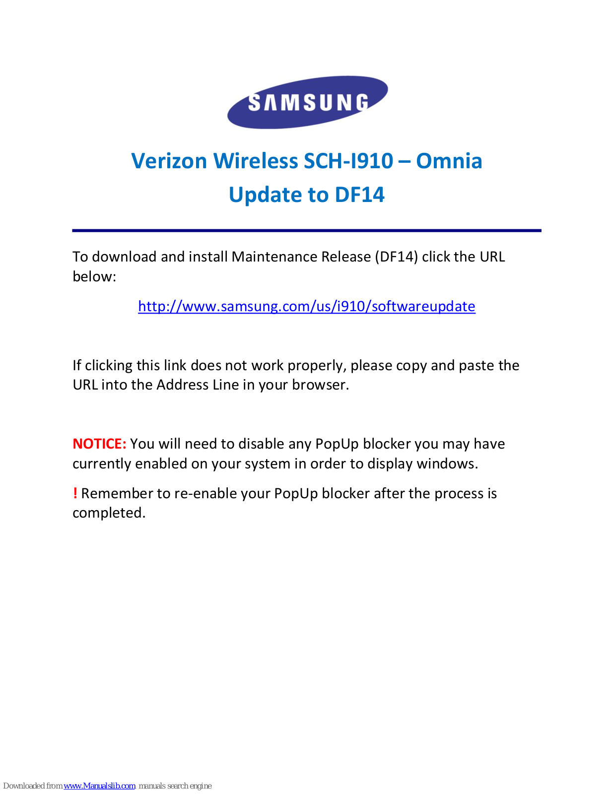 Samsung SCH-I910 Omnia Software Update