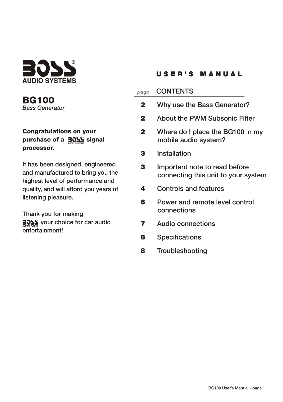 Boss Audio BG100 Owner Manual