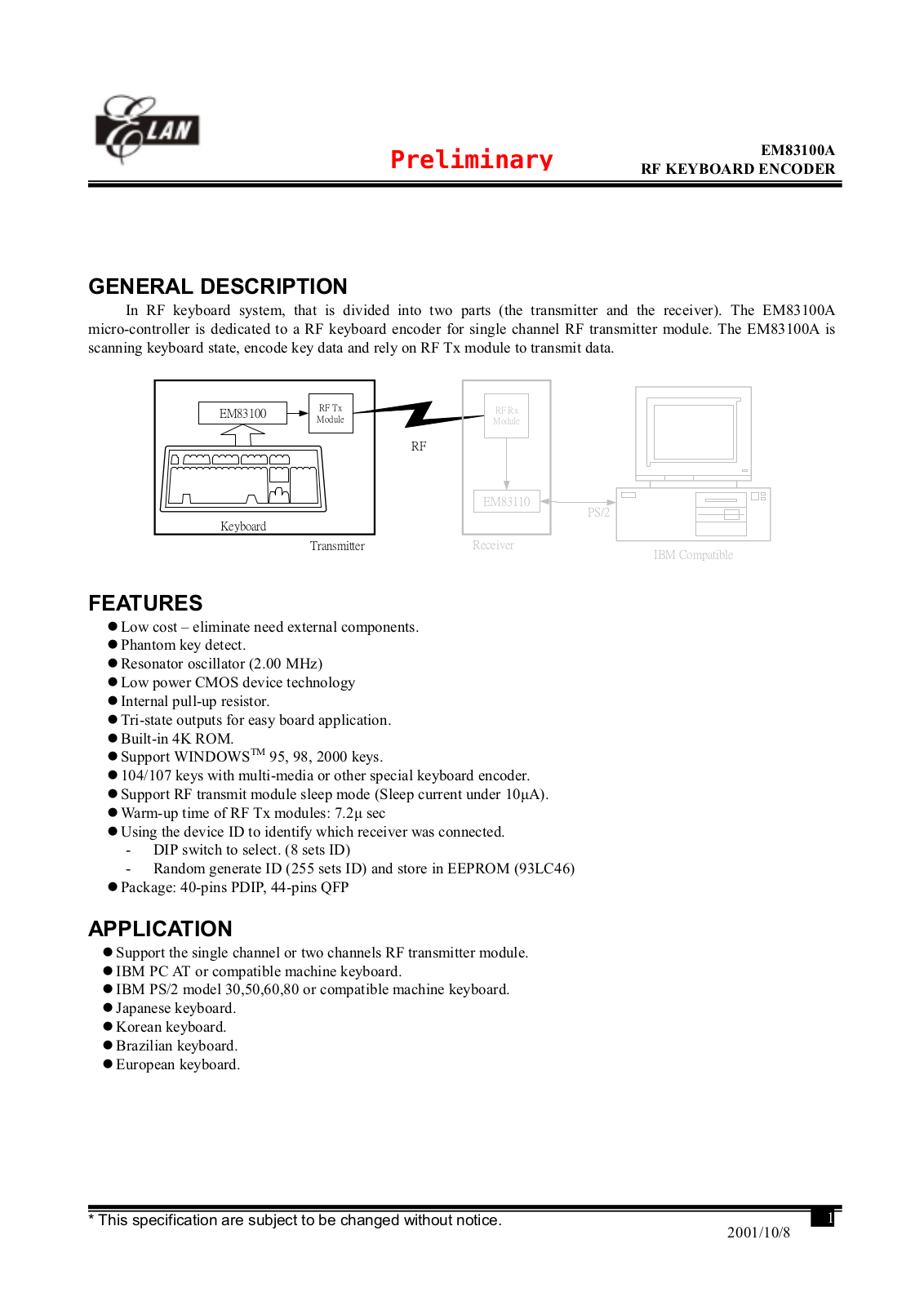 ELAN EM83100Q, EM83100P Datasheet