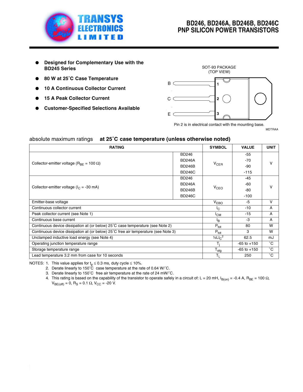 TEL BD246A, BD246, BD246, BD246C, BD246C Datasheet