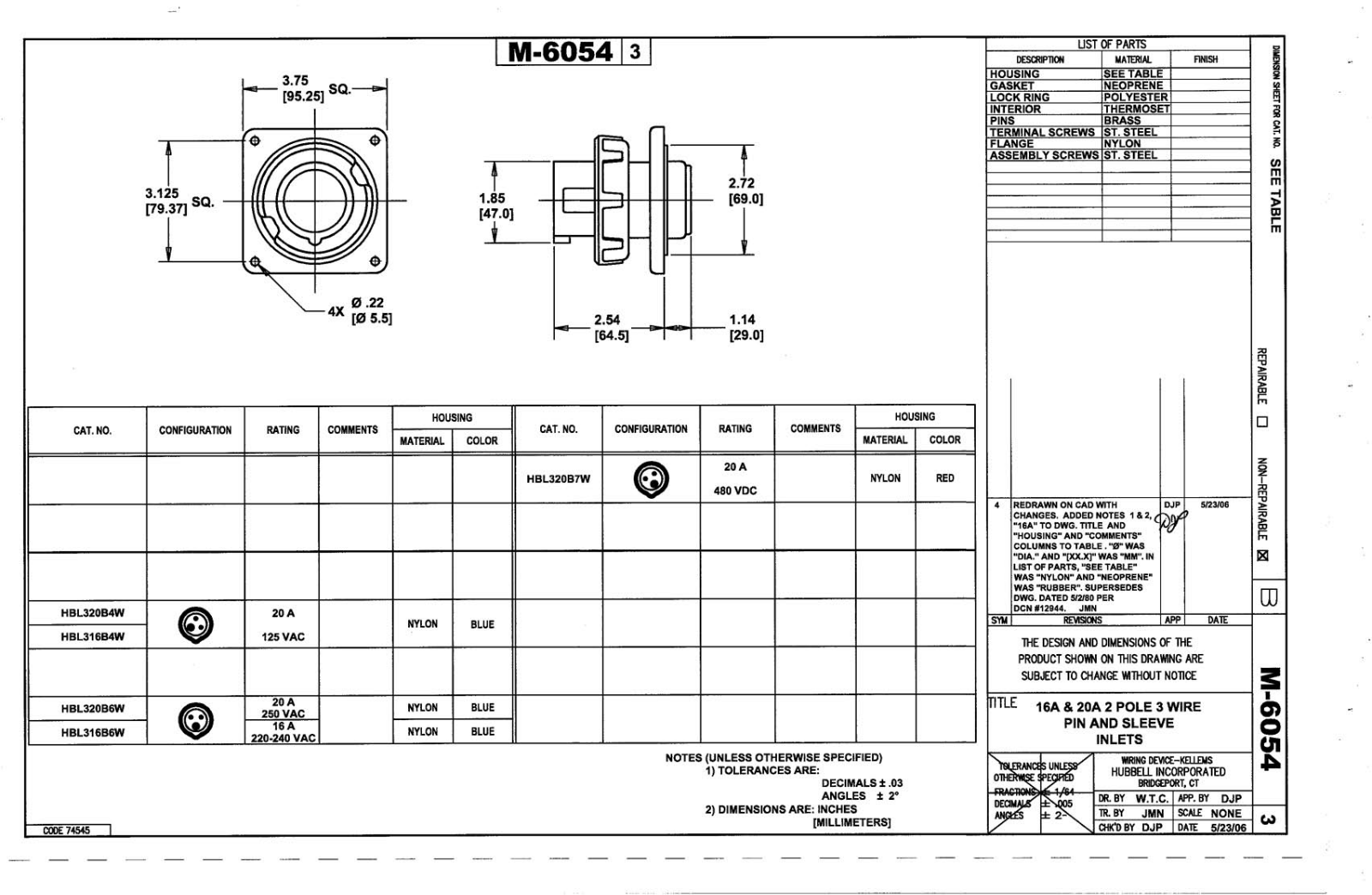 Hubbell HBL320B4W Reference Drawing