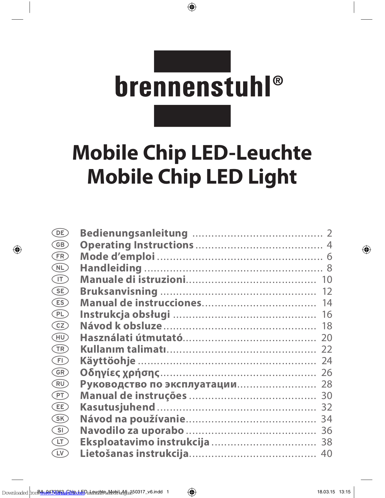 brennenstuhl ML CN 130 SK II IP65, ML CN 110 SK II IP65, ML CN 150 IP65, ML CN 180 IP65, ML CN 120 IP65 Operating Instructions Manual