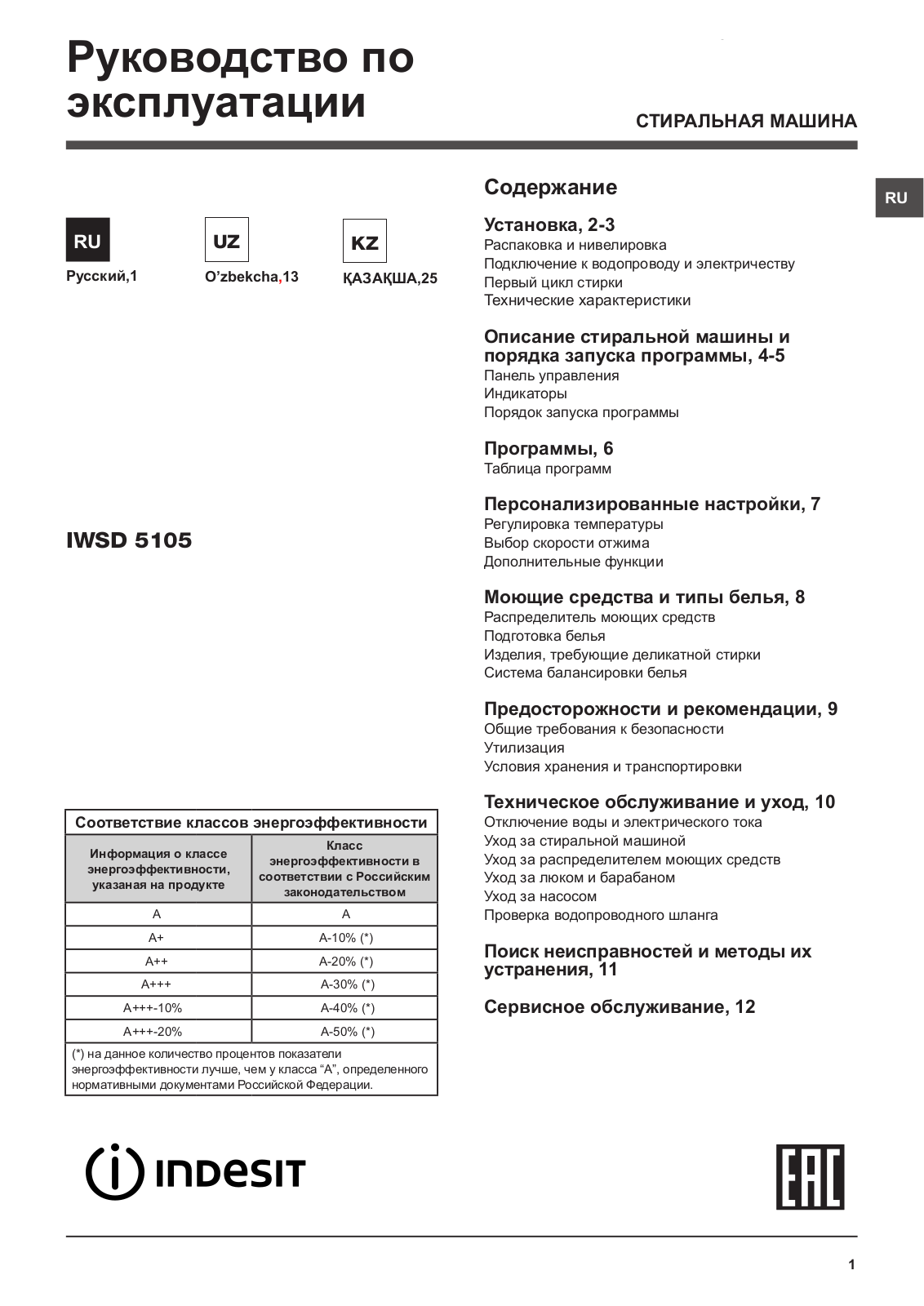 INDESIT IWSD 5105 UZ User Manual