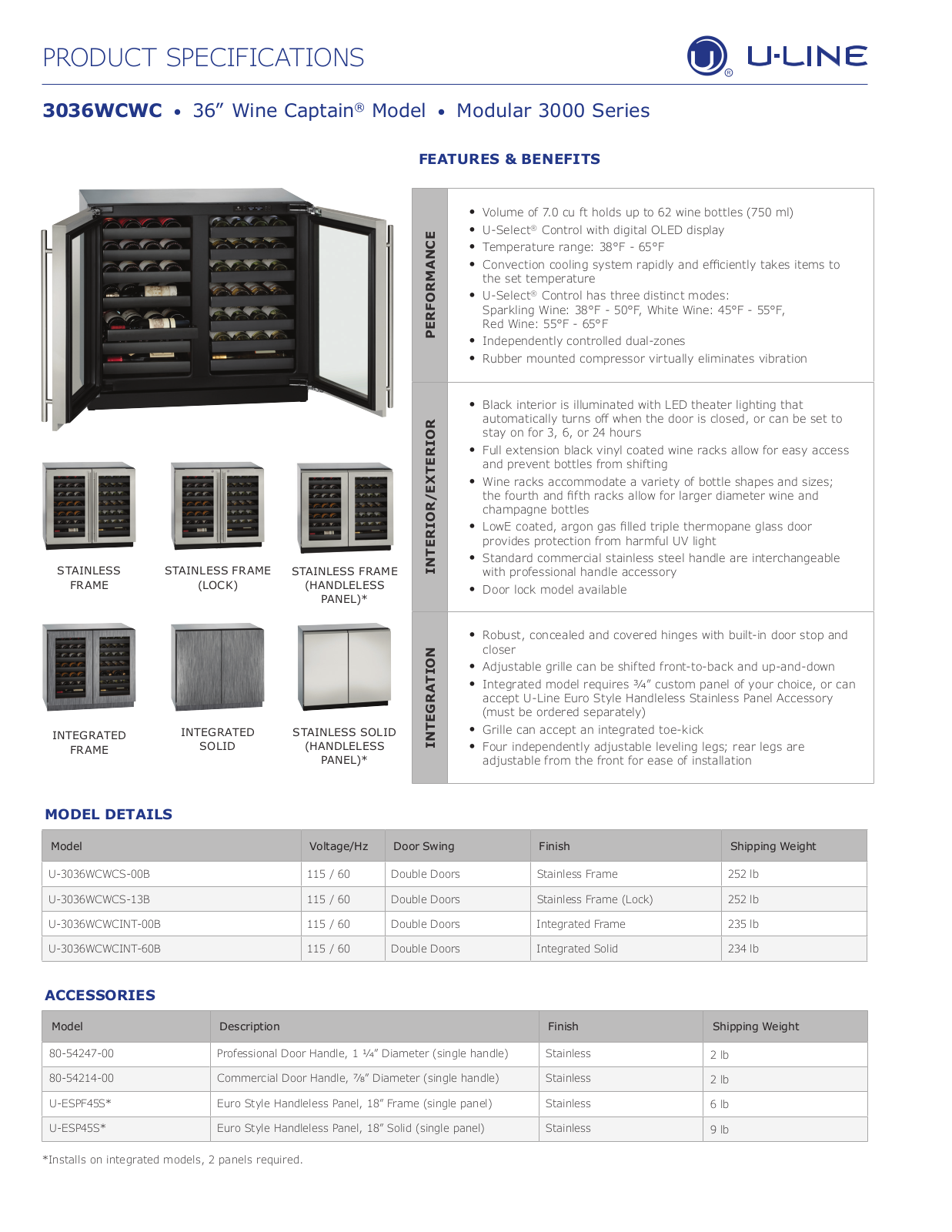 U-Line U3036WCWCS13B, U3036WCWCINT60B, U3036WCWCINT00B, U3036WCWCS00B Specifications