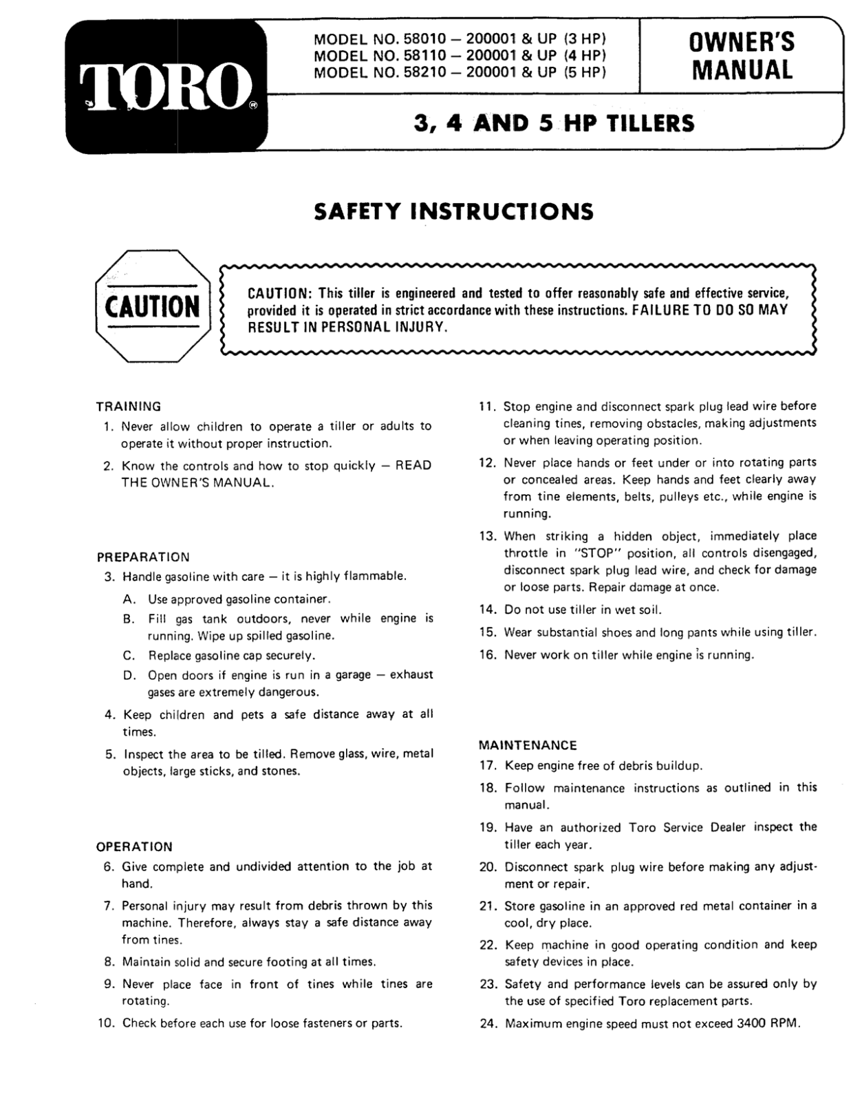 Toro 58010, 58110, 58210 Operator's Manual