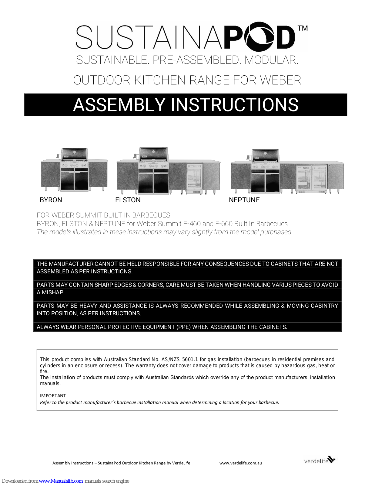 VerdeLife BYRON, ELSTON, NEPTUNE Assembly Instructions Manual