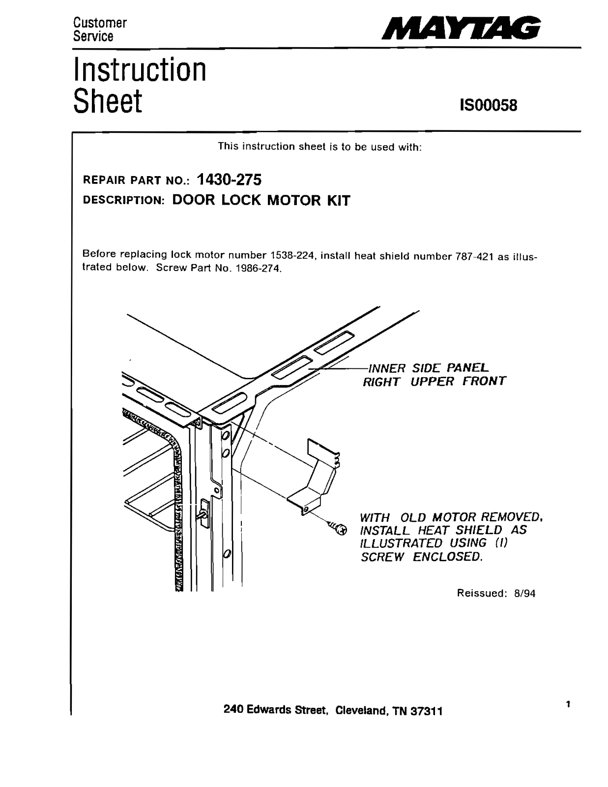 Maytag 1430-275 Instruction Sheet