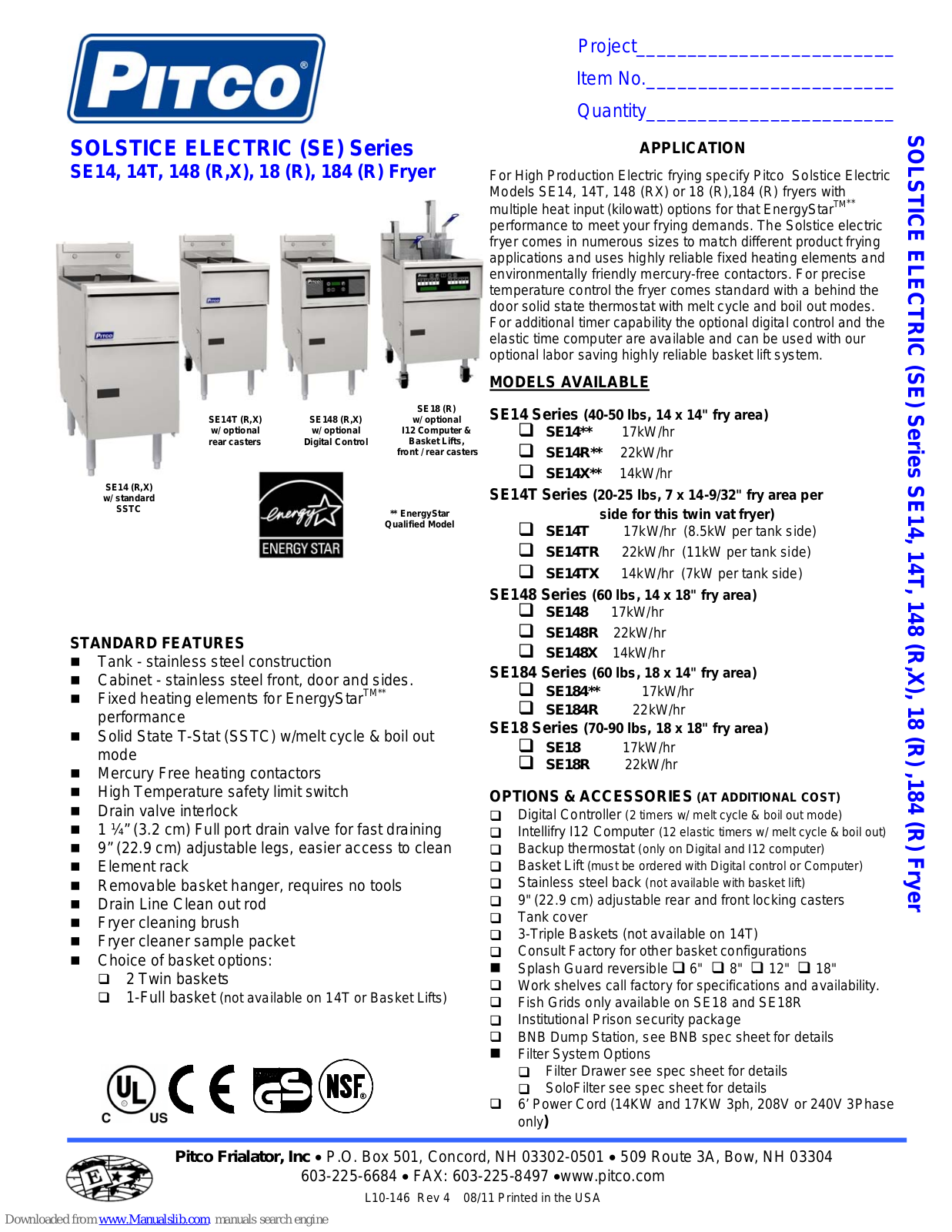 Pitco SE14, SE14T, SE18, SE148, SE148R Specification Sheet