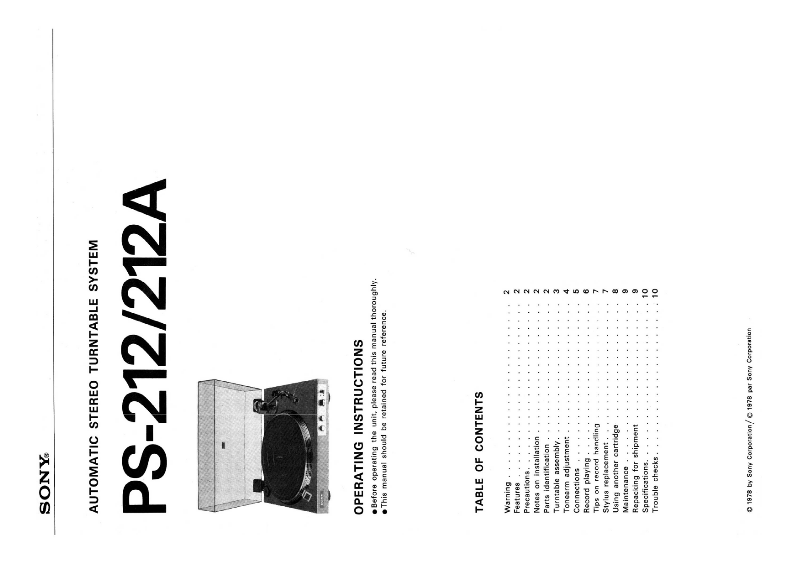 Sony PS-212A, PS-212 Owners Manual