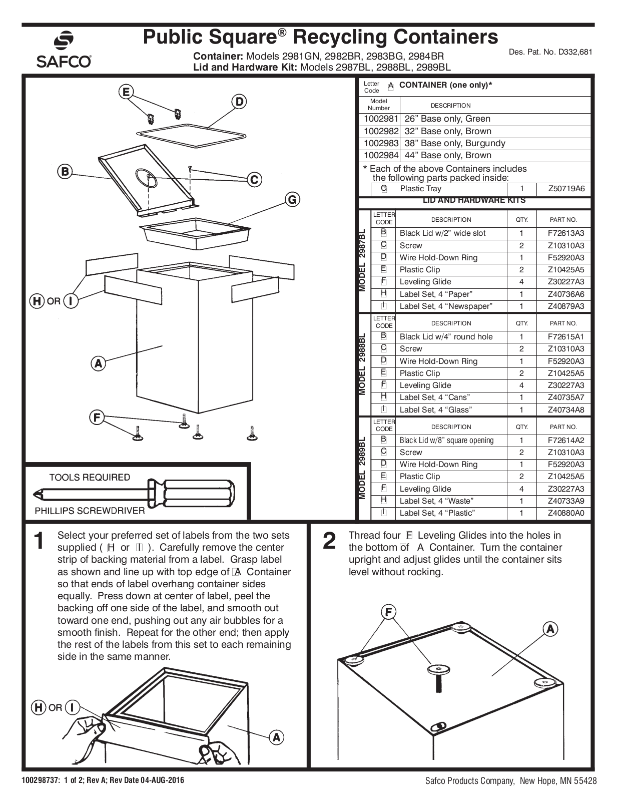 Safco 2987BL, 2984BR, 2984BL, 2989BL, 2988BL Assembly Guide