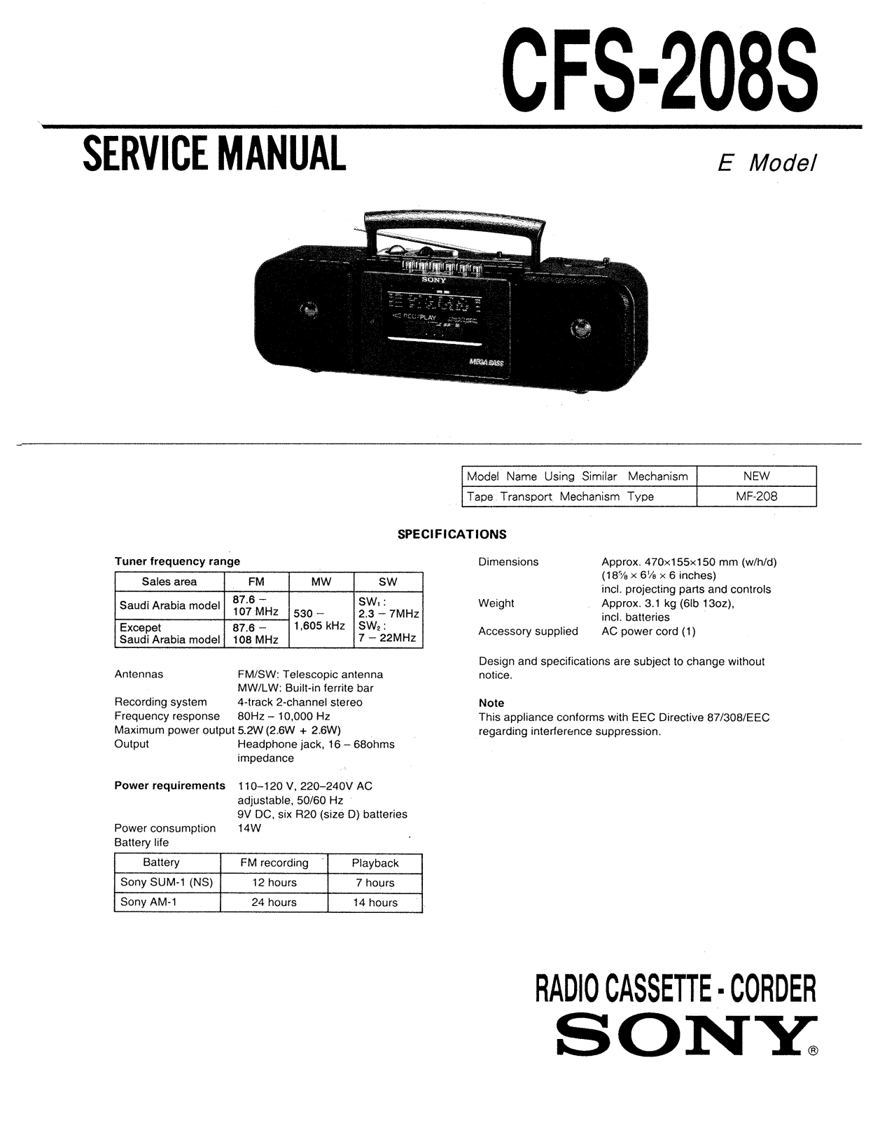 Sony CFS-208-S Service manual