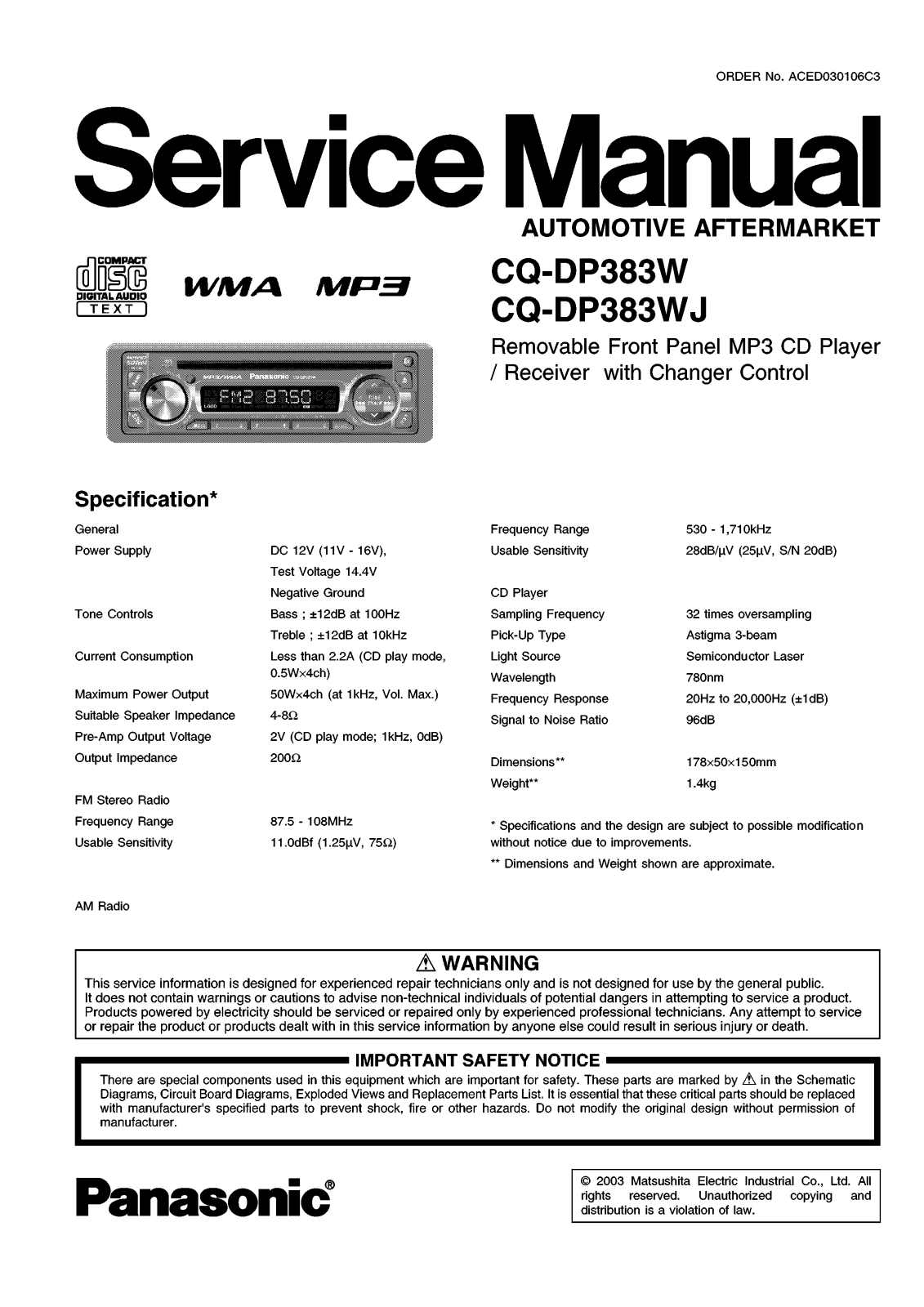 Panasonic CQDP-383-W, CQDP-383-WJ Service manual