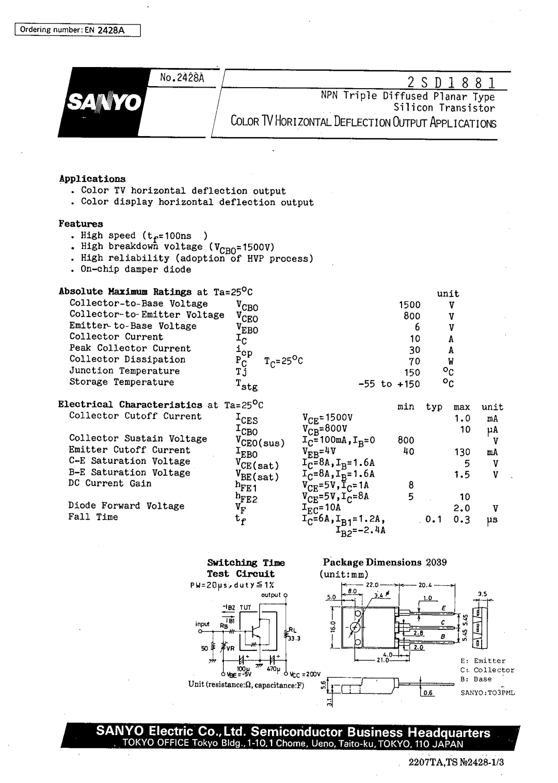 SANYO 2SD1881 Datasheet