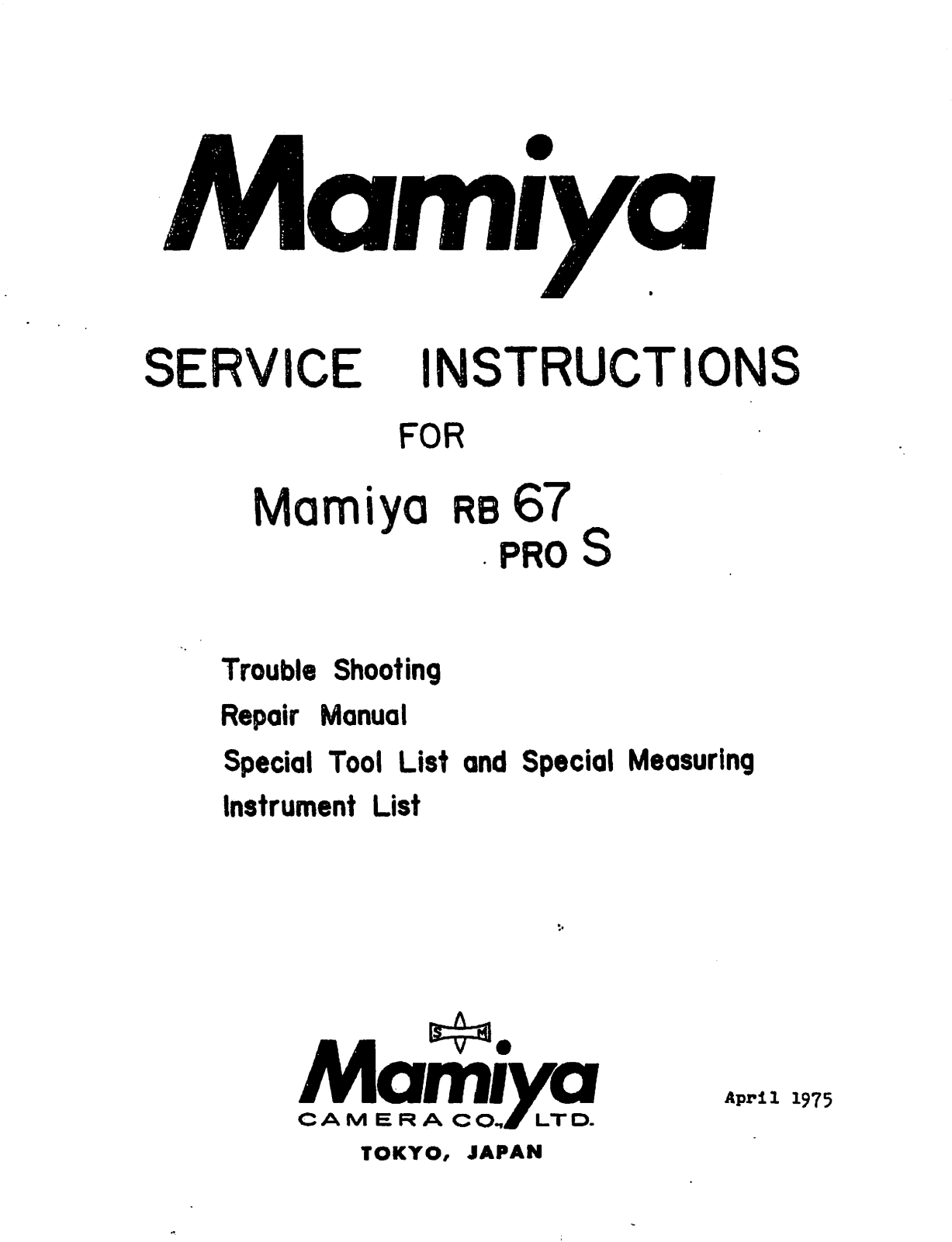 Mamiya RB67 Pro-S Repair manual