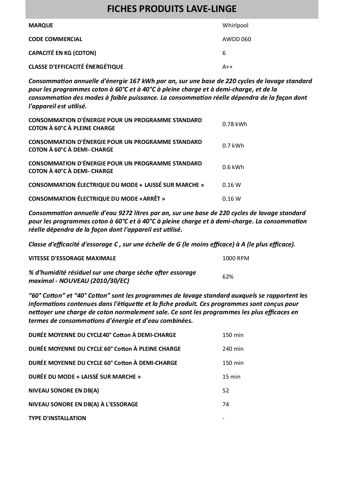 WHIRLPOOL AWOD 060 User Manual