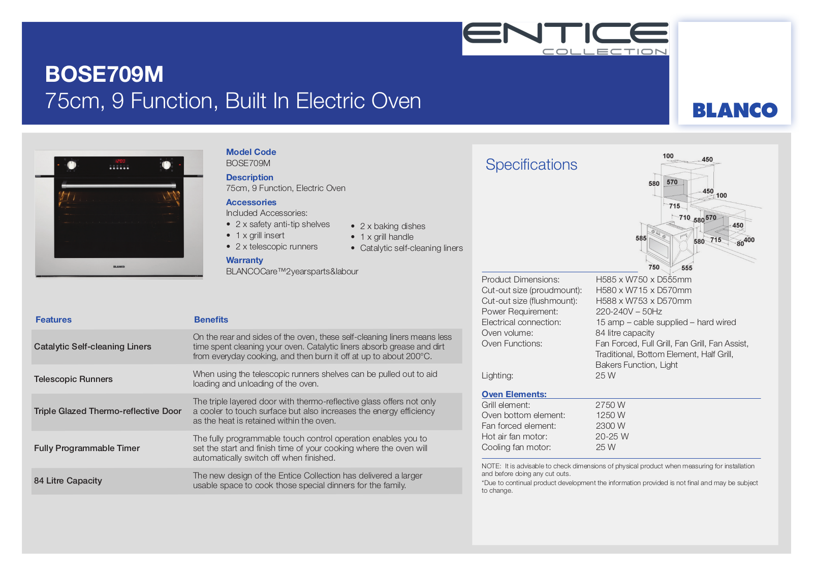 Blanco BOSE709M Specifications Sheet