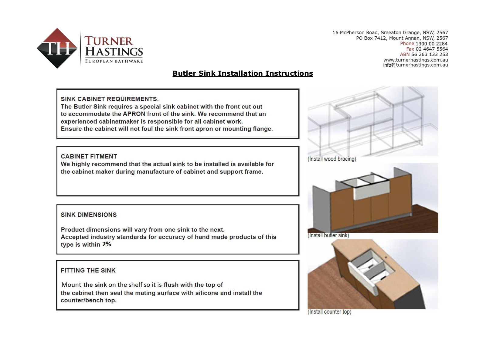 Turner Hastings 7403TH, NO50FS, NO50FS-MB, NO60FS, NO60FS-MB Installation Guide