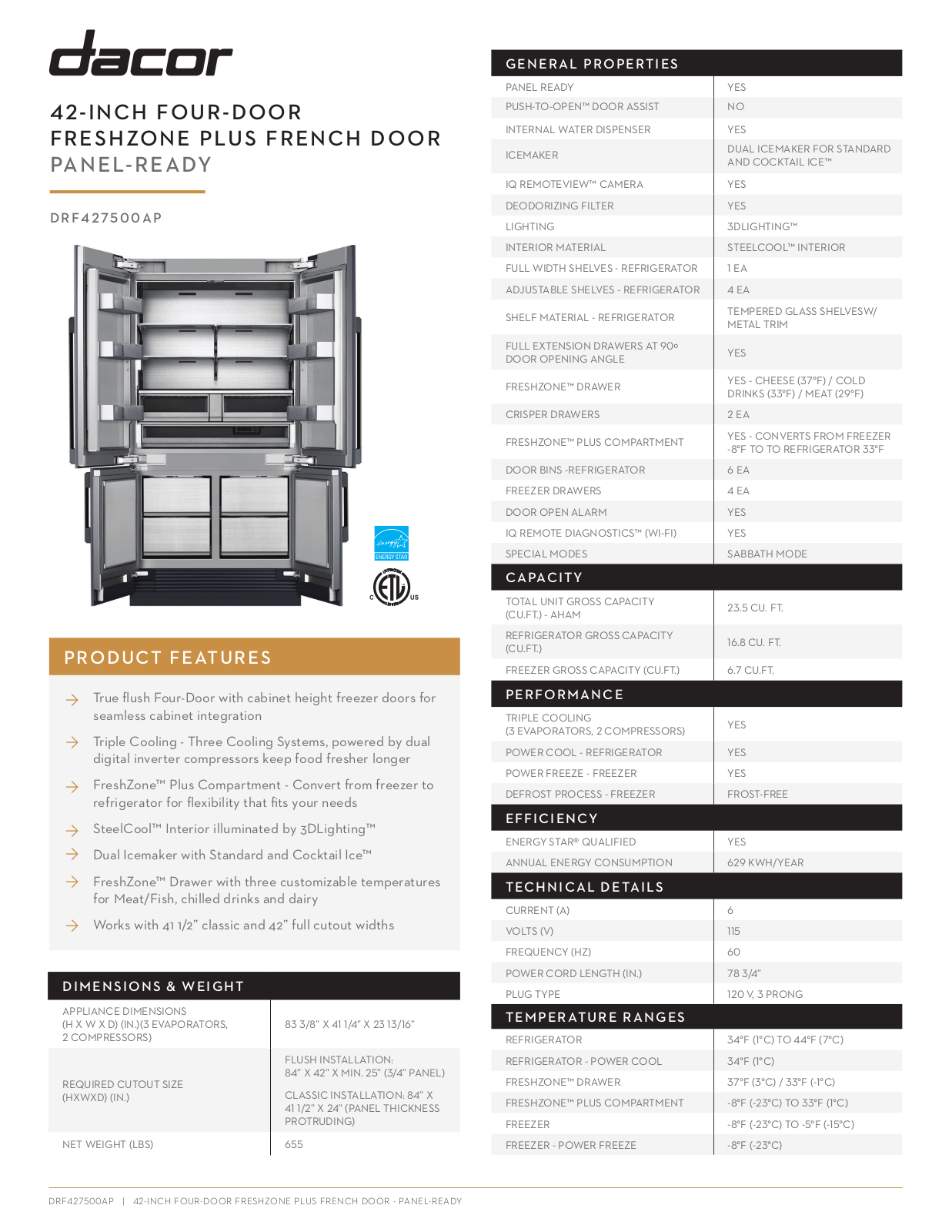 Dacor DTT48M976LM, DTT48M976PM, DTT48M976PS, DRF427500AP Specifications