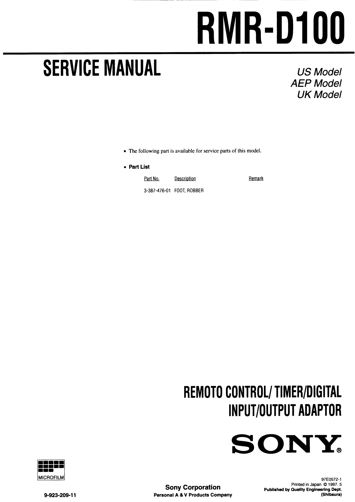 Sony RMR-D100 Service Manual