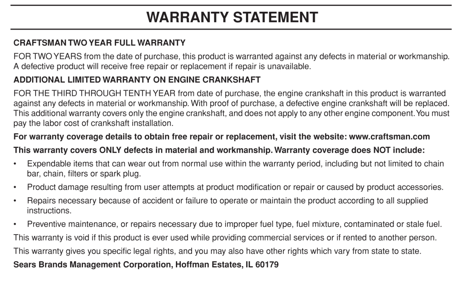 Craftsman Pro 45.7cc 20 Gas Chainsaw Manufacturer's Warranty