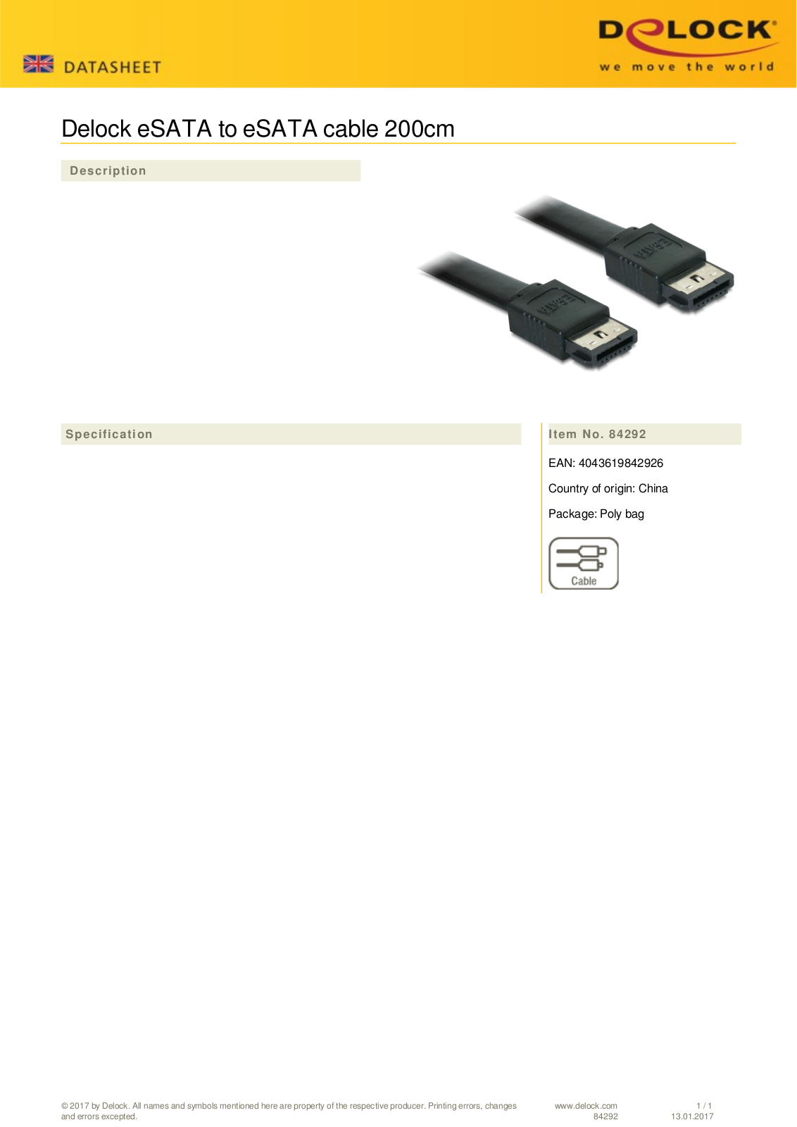 DeLOCK eSATA auf eSATA Kabel 2.0m User Manual