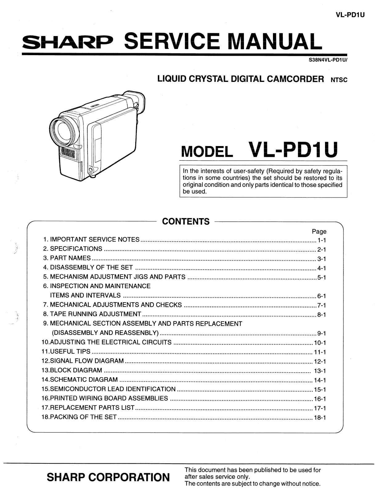 SHARP VL-PDIU, VLPD1U Service Manual