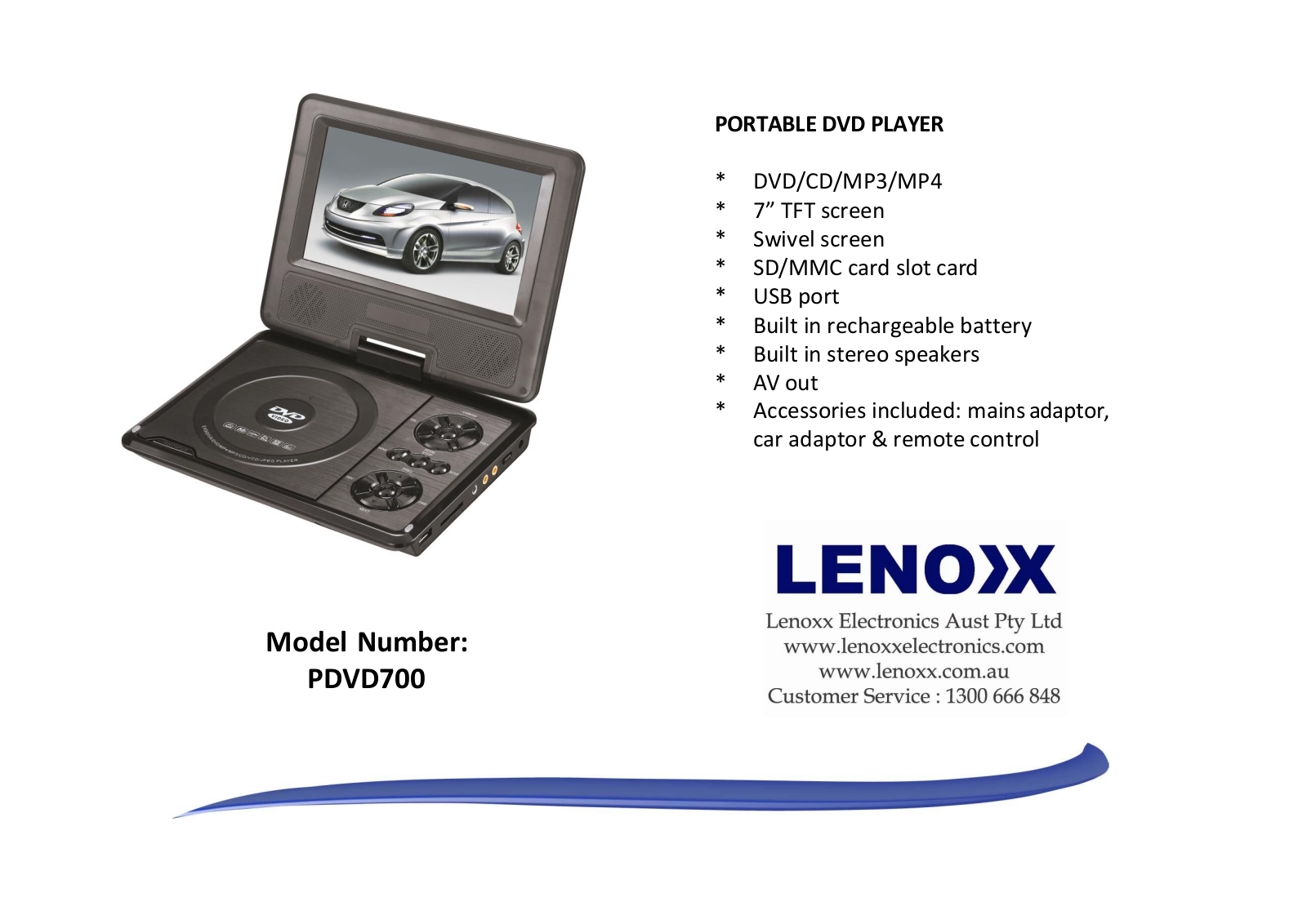 Lenoxx PDVD700 Specifications Sheet