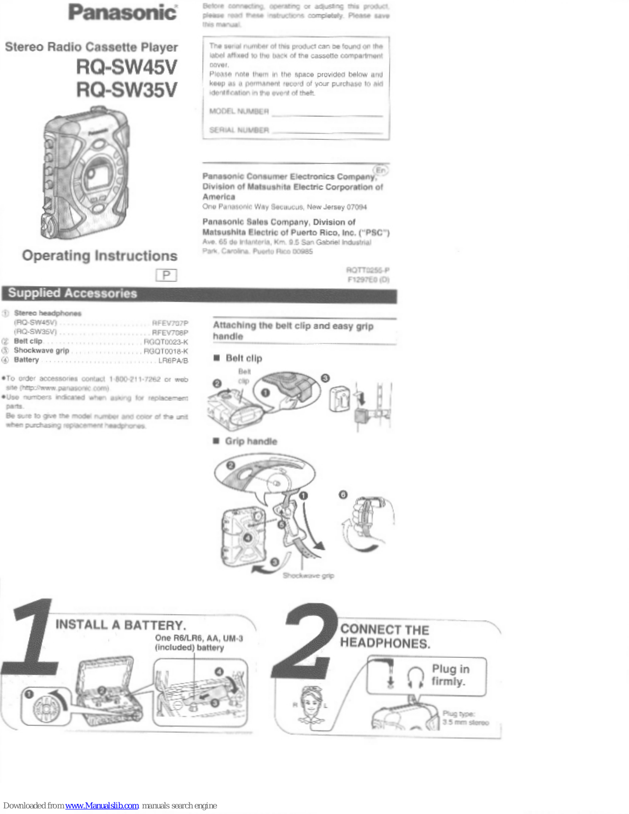 Panasonic RQ-SW35VA, RQ-SW35V, RQ-SW45V Operating Instructions Manual