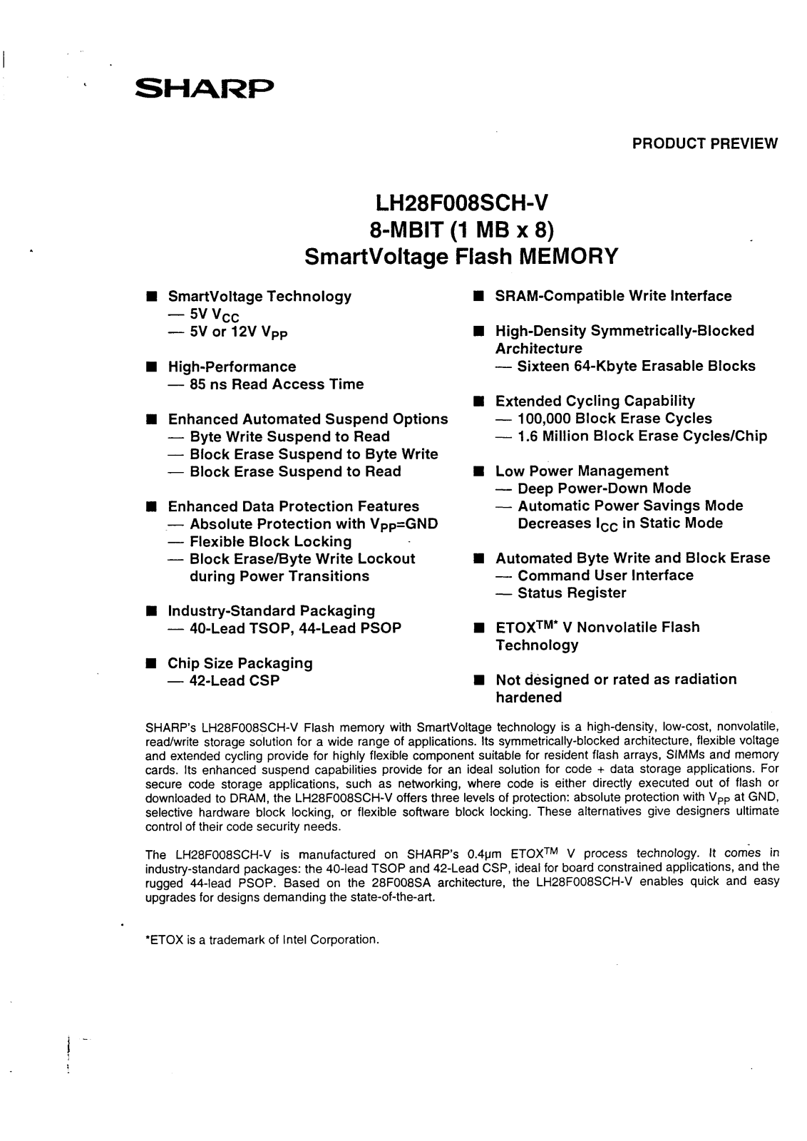 Sharp LH28F008SCHR-V90, LH28F008SCHT-V85, LH28F008SCHT-V120, LH28F008SCHT-V12, LH28F008SCHR-V12 Datasheet