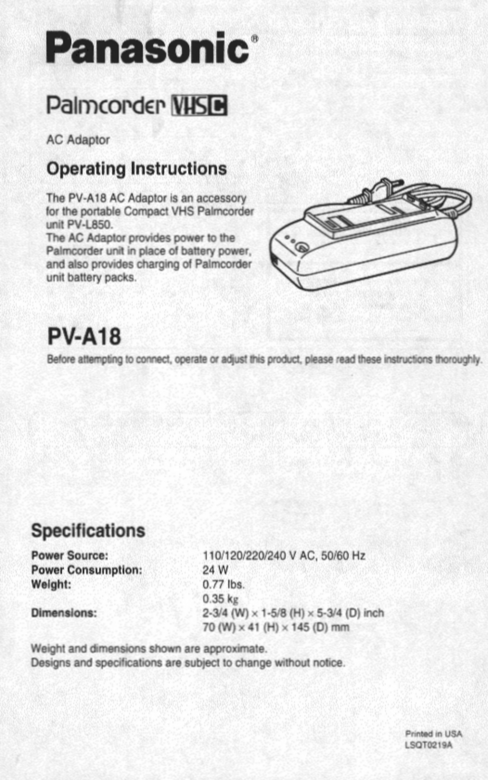 Panasonic PV-A18 User Manual