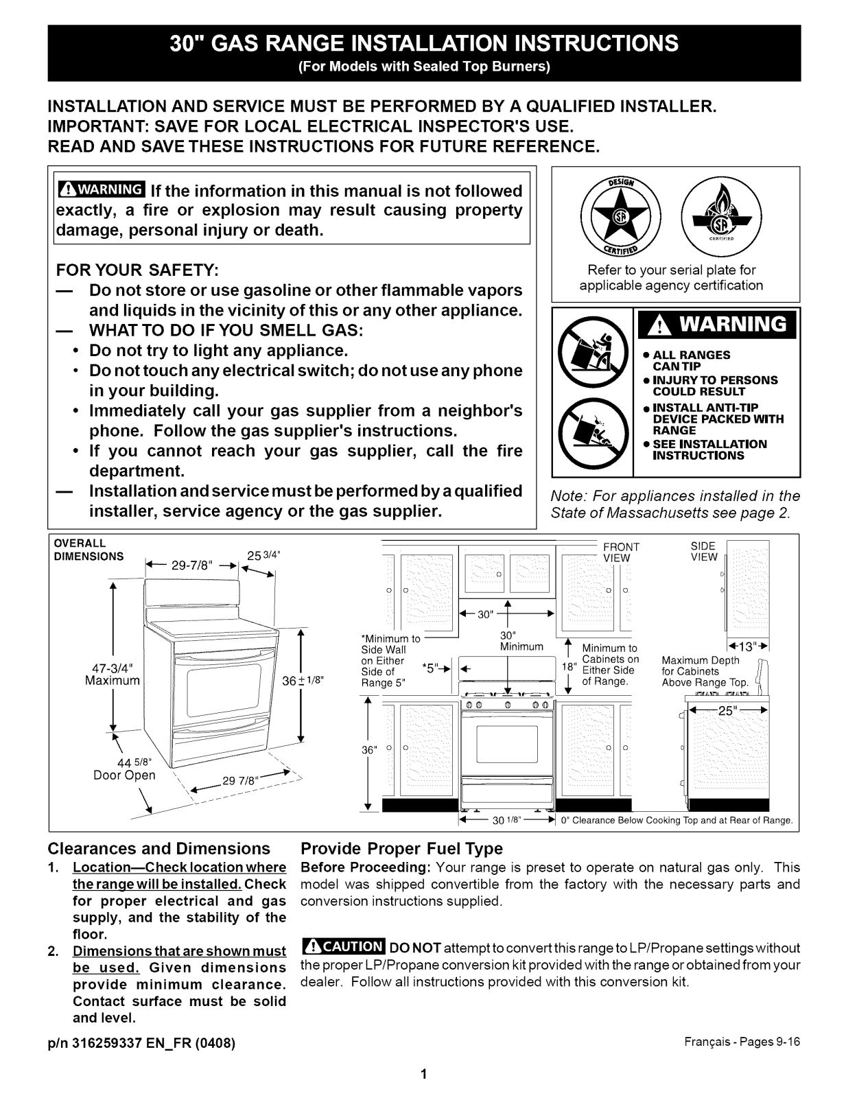 Frigidaire CFGF337ESC, CFGF337ESD, CFGF337GSA, CFGF337GSB, CFGF366DBB Installation Guide - ManualMachine.com