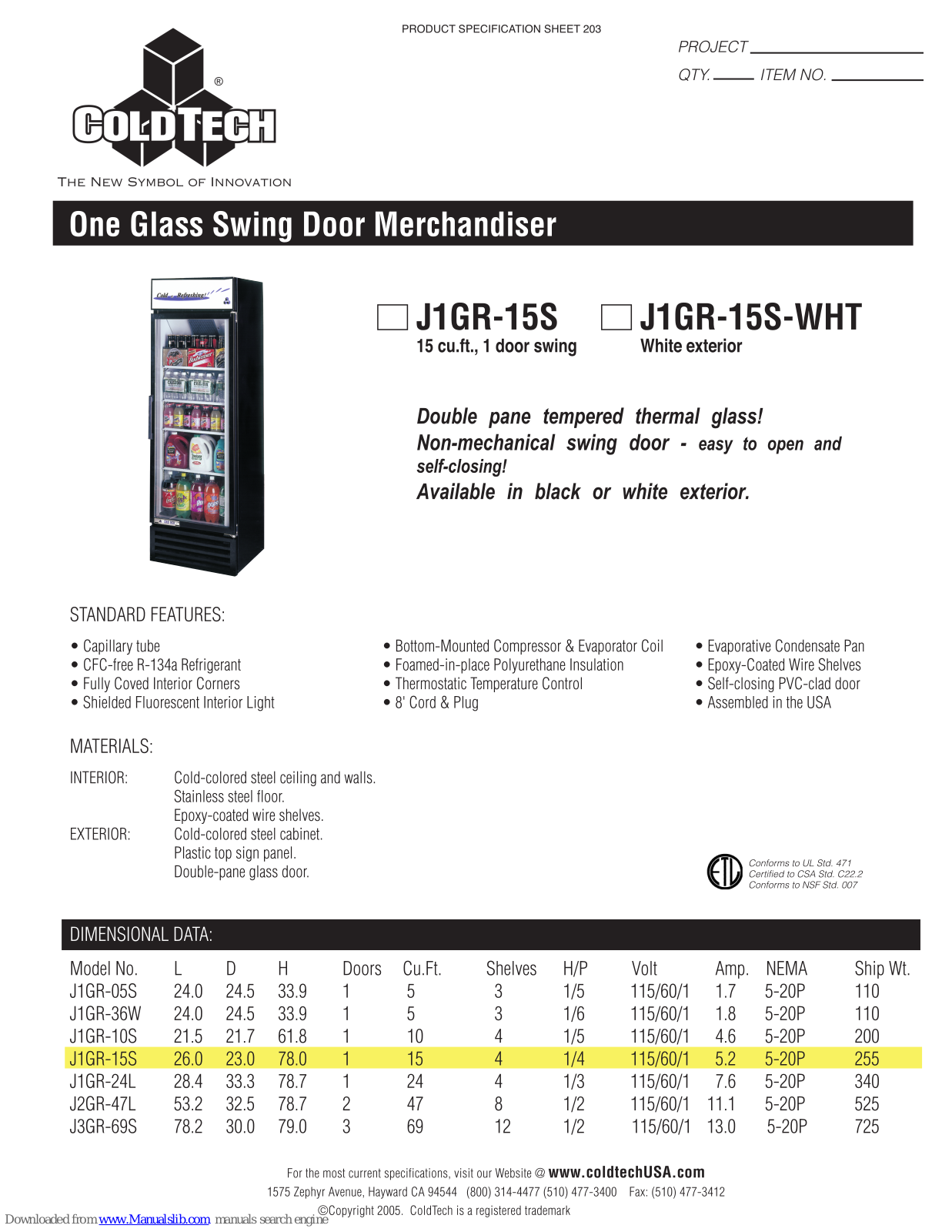 ColdTech J1GR-15S, J1GR-15S-WHT Specifications - ManualMachine.com