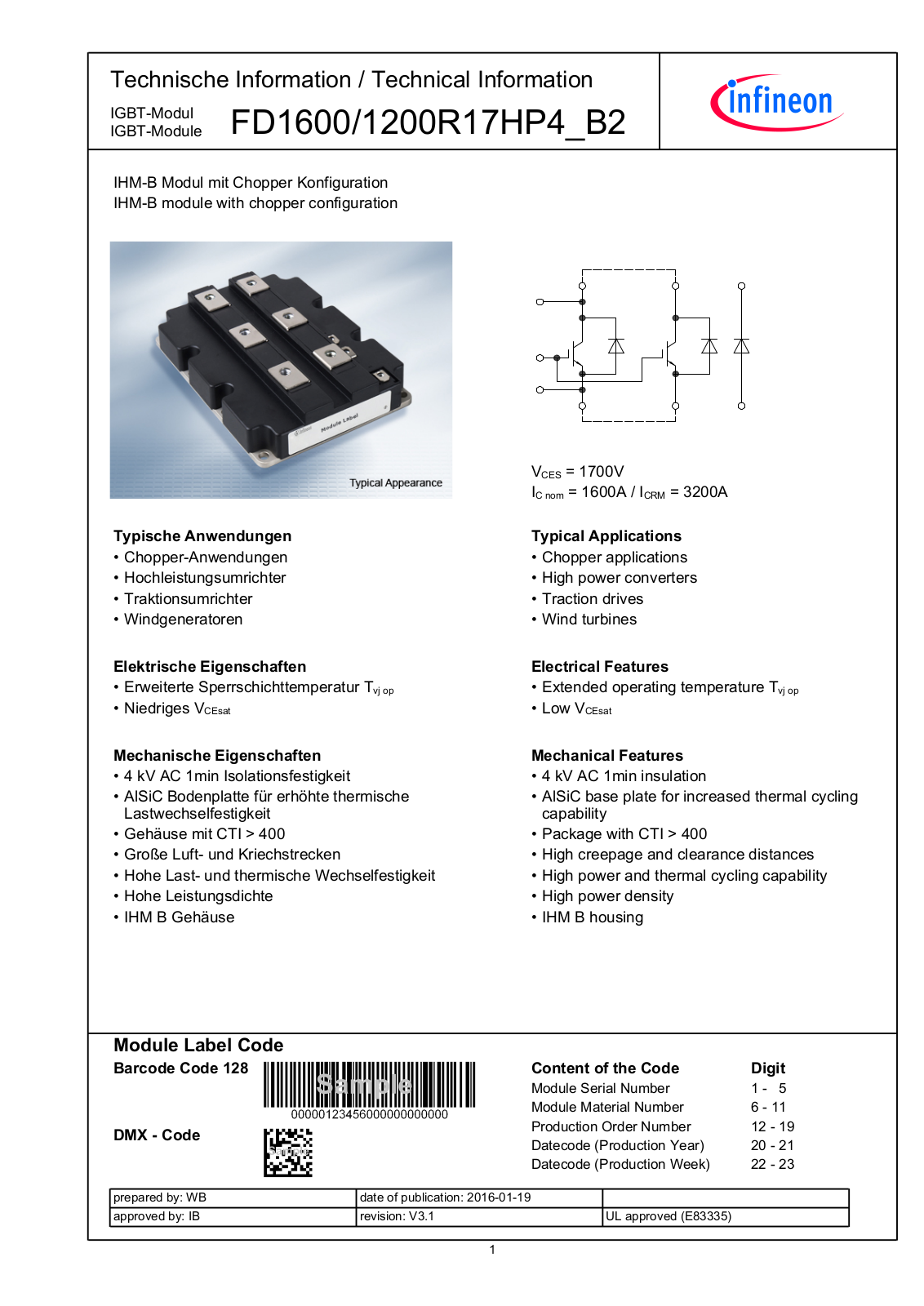 Infineon FD1600/1200R17HP4-B2 Data Sheet