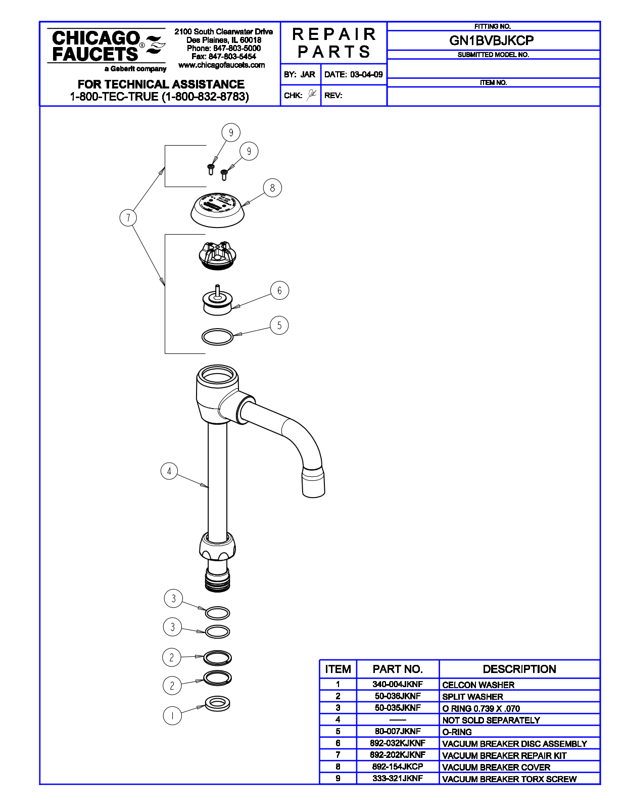 Chicago Faucet GN1BVBJKCP Parts List