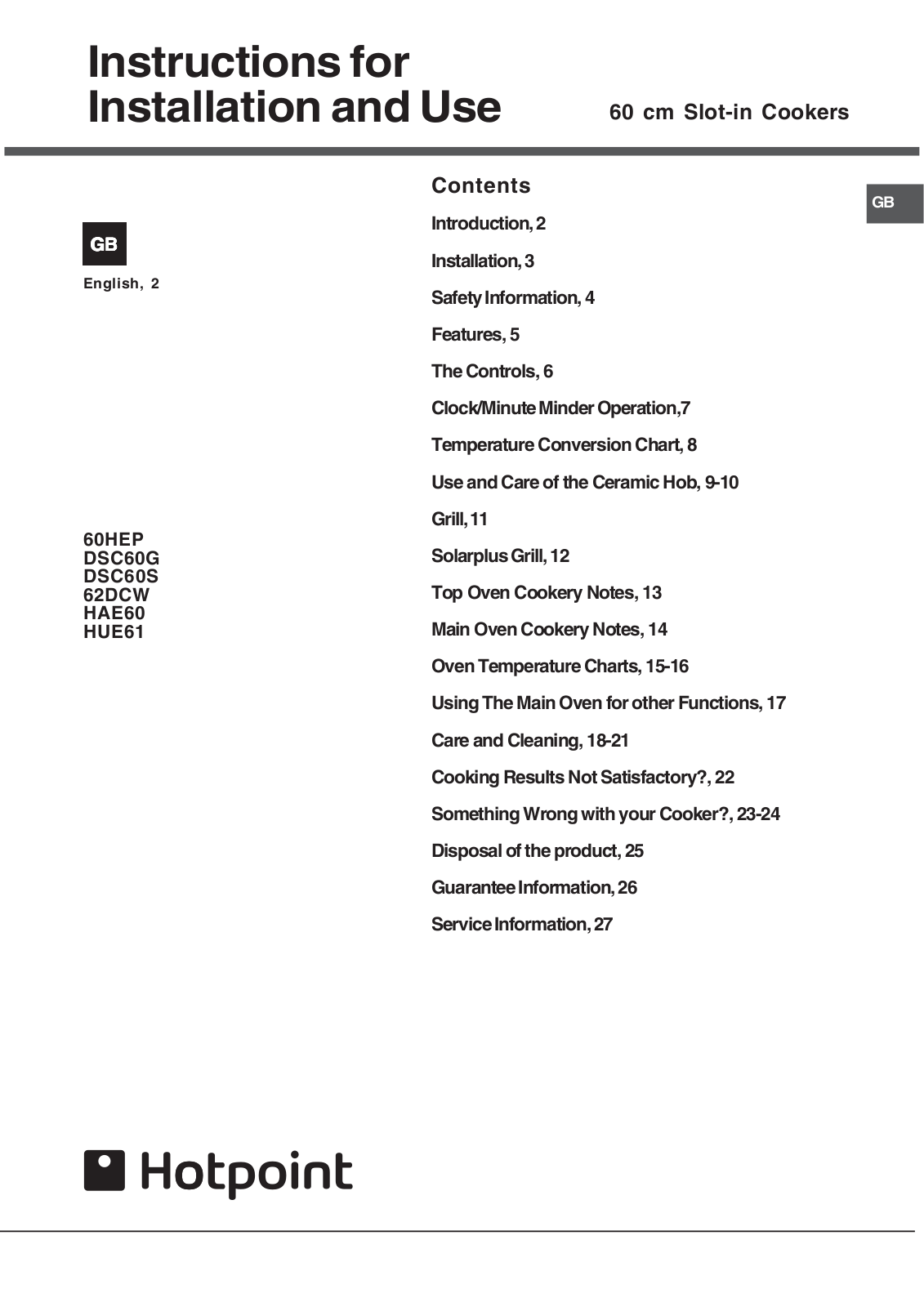 Hotpoint 60HEP, DSC60S, HAE60, HUE61 Instruction manual