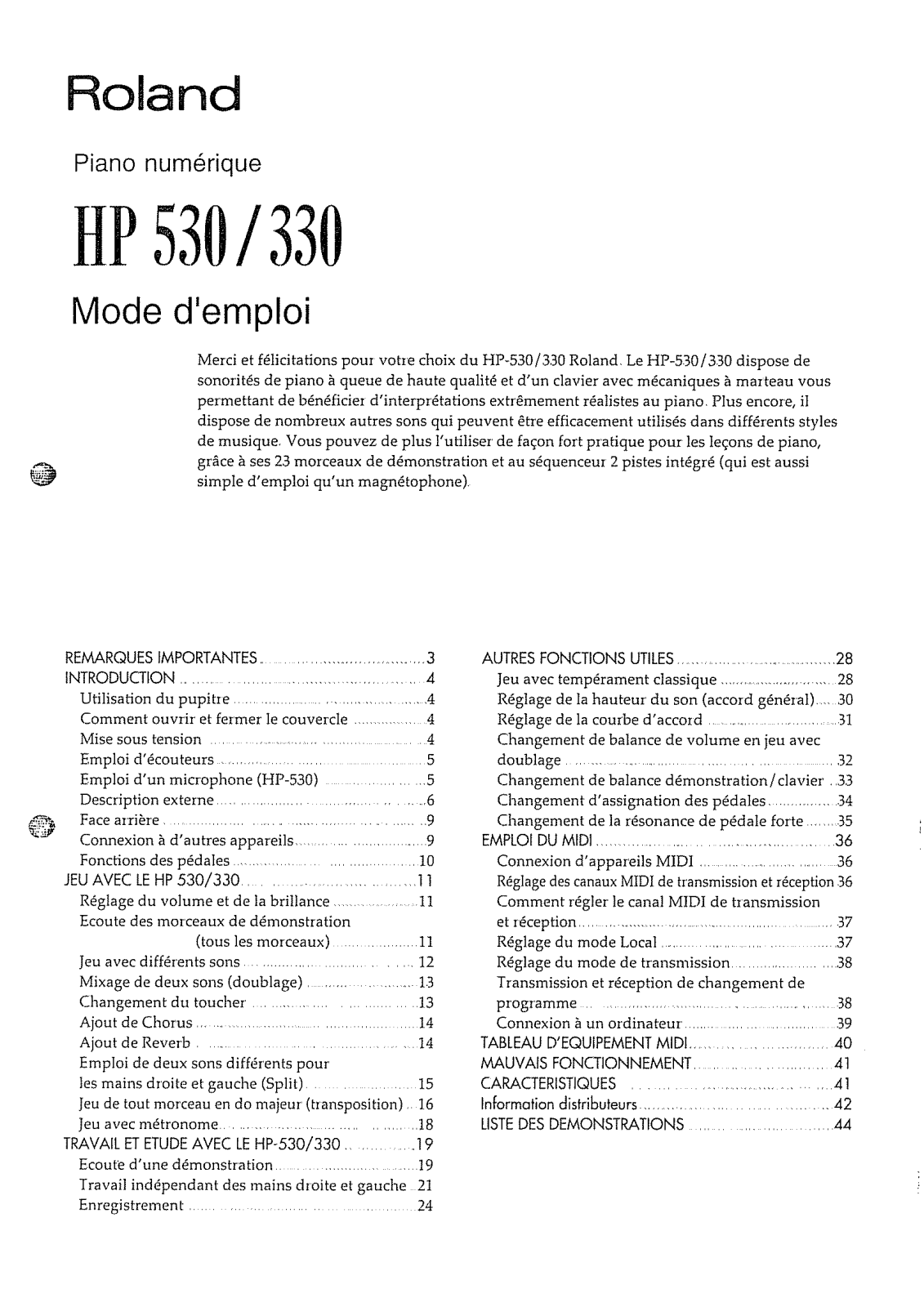 Roland HP-330, HP-530 User Manual