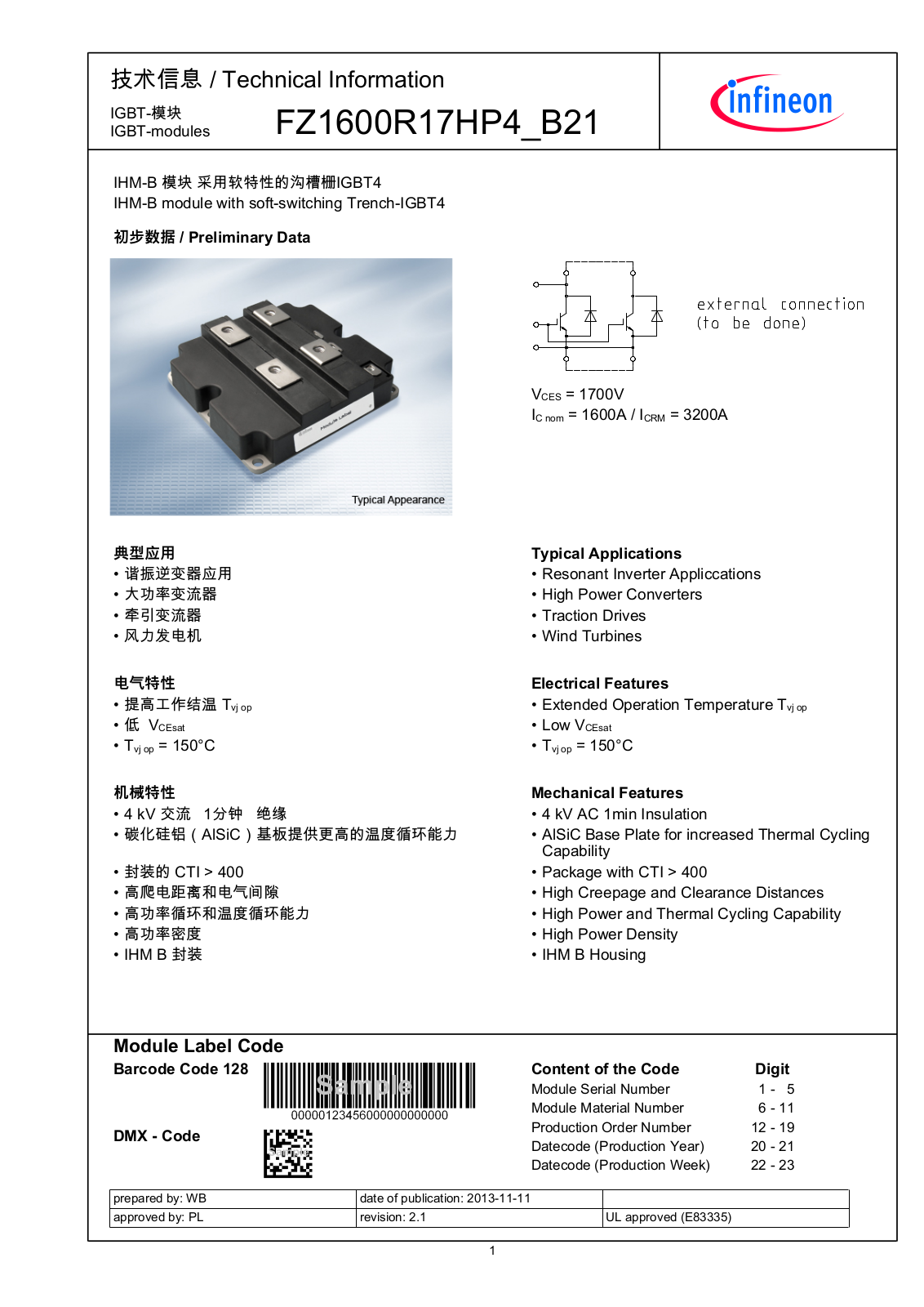 Infineon FZ1600R17HP4_B21 Data Sheet