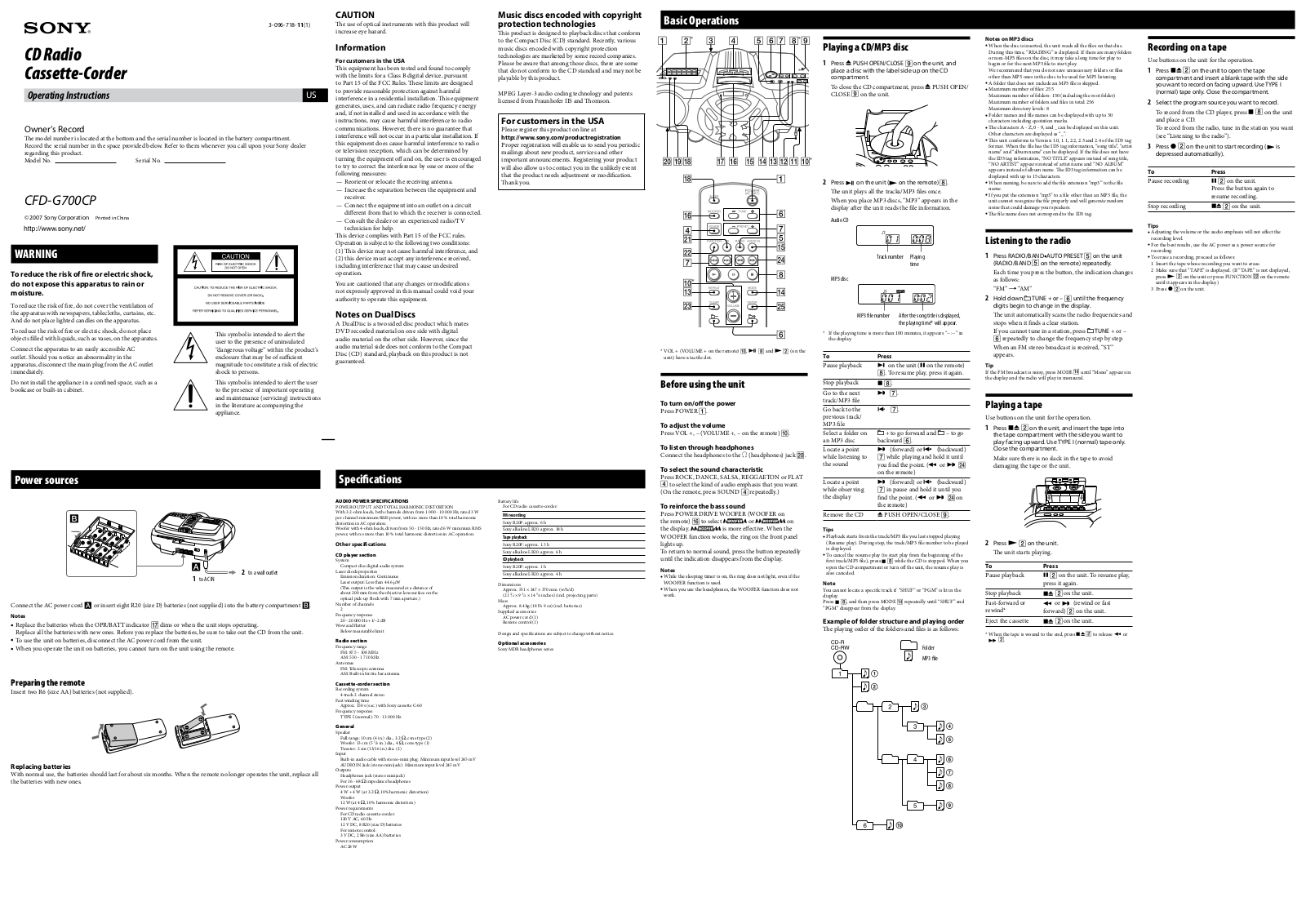 Sony CFDG-700-CP Owners manual