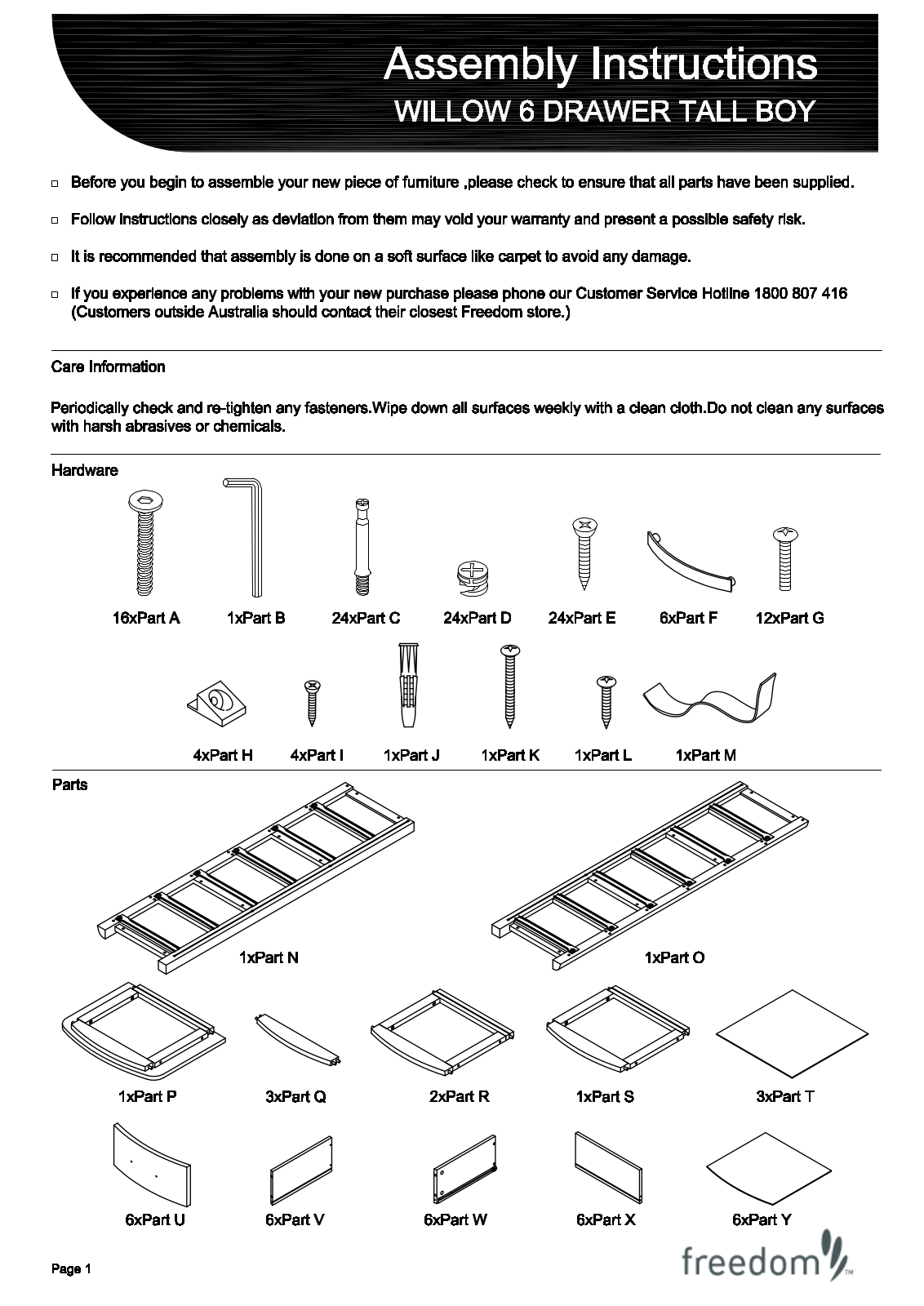 Freedom Willow Tallboy 6 Drawer Assembly Instruction