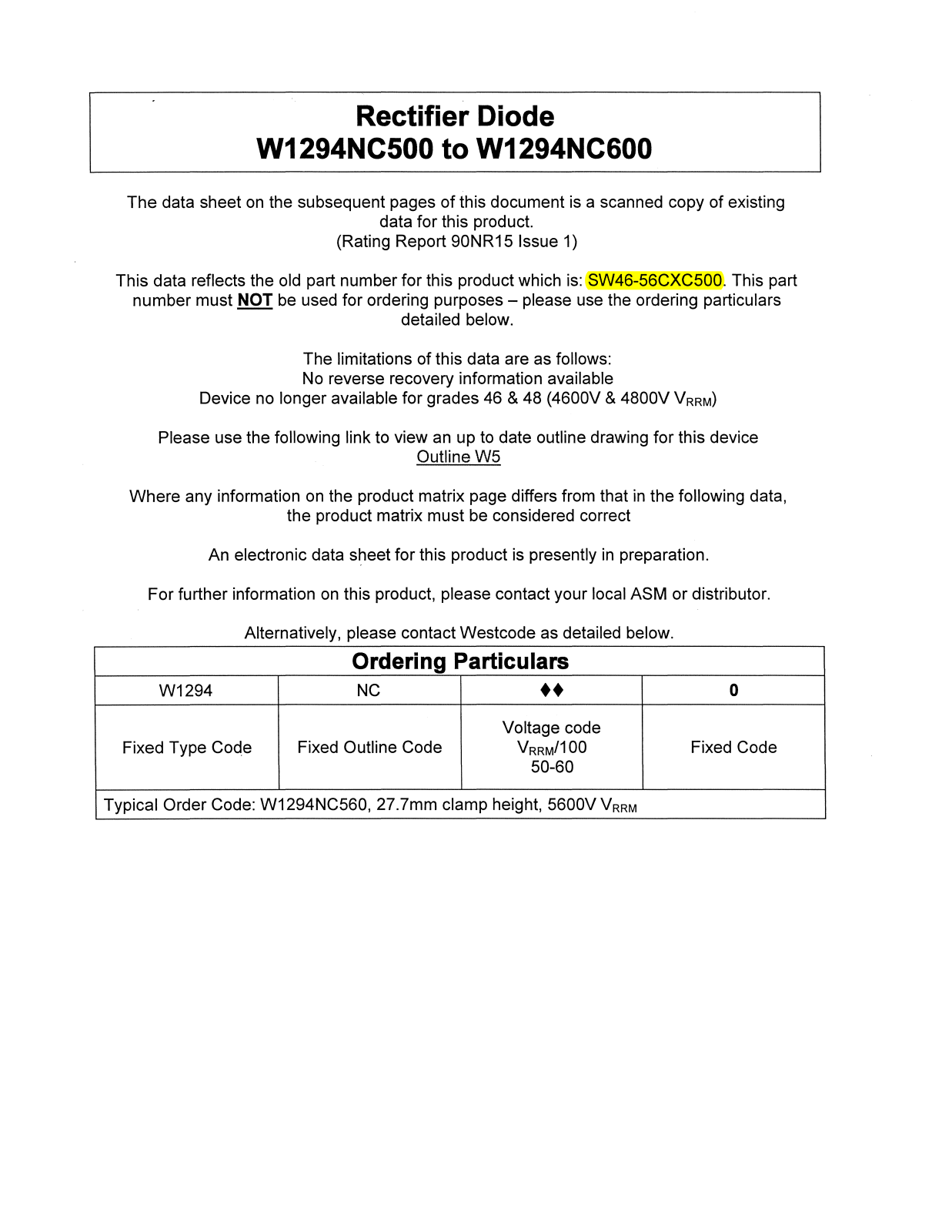 Datasheet W1294NC500, W1294NC600 Datasheet (Westcode Semiconductors) - ManualMachine.com